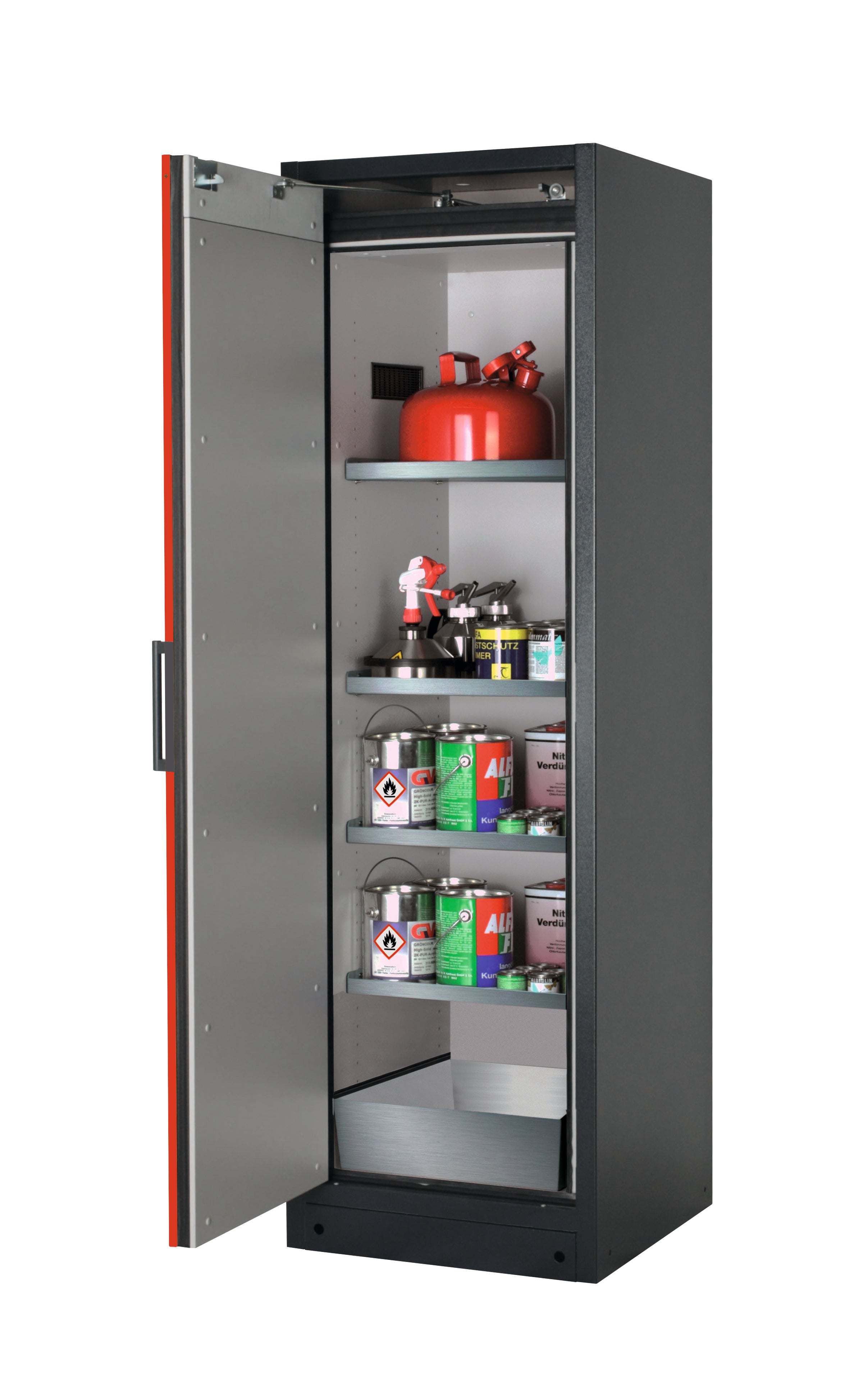 Type 90 safety storage cabinet Q-PEGASUS-90 model Q90.195.060.WDAC in traffic red RAL 3020 with 4x shelf standard (stainless steel 1.4301),