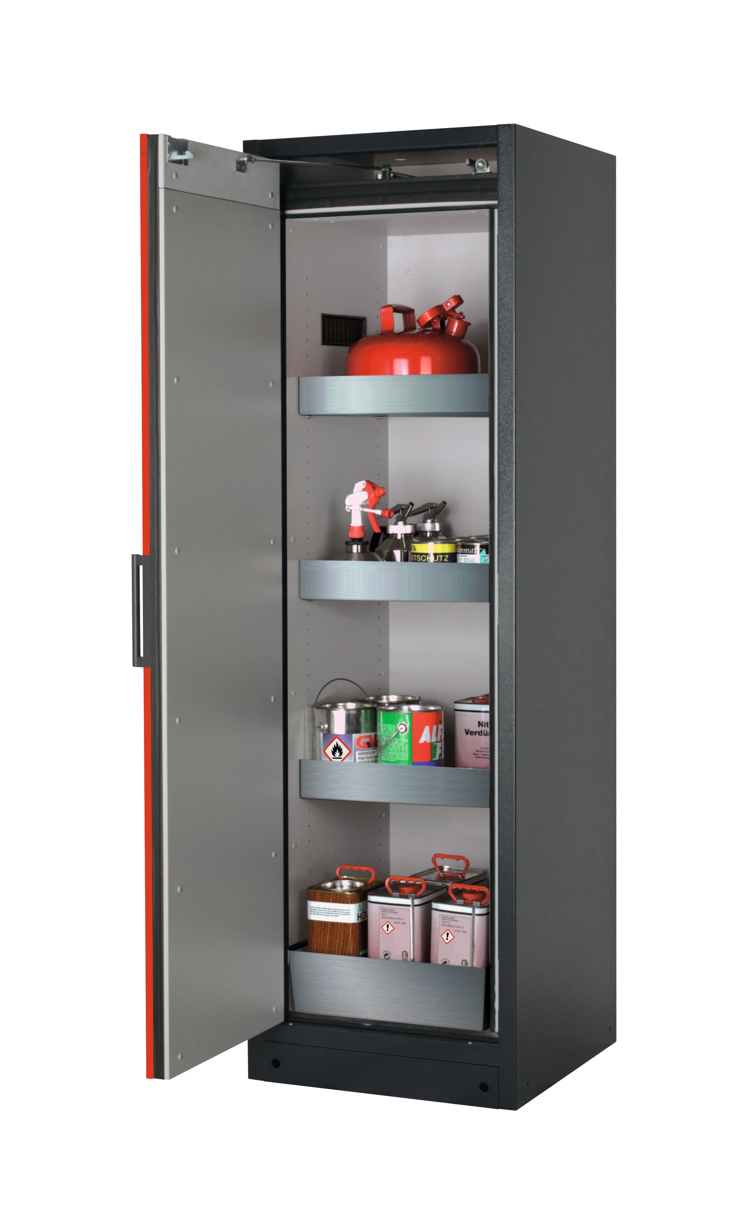 Type 90 safety storage cabinet Q-CLASSIC-90 model Q90.195.060 in traffic red RAL 3020 with 3x tray shelf (standard) (stainless steel 1.4301),