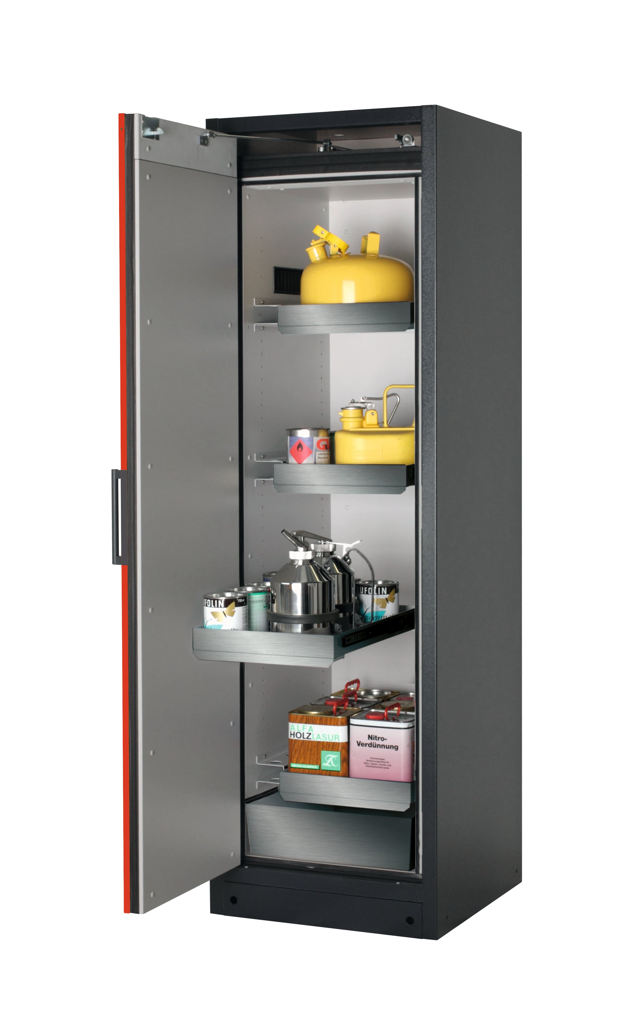 Type 90 safety storage cabinet Q-PEGASUS-90 model Q90.195.060.WDAC in traffic red RAL 3020 with 3x drawer (standard) (stainless steel 1.4301),