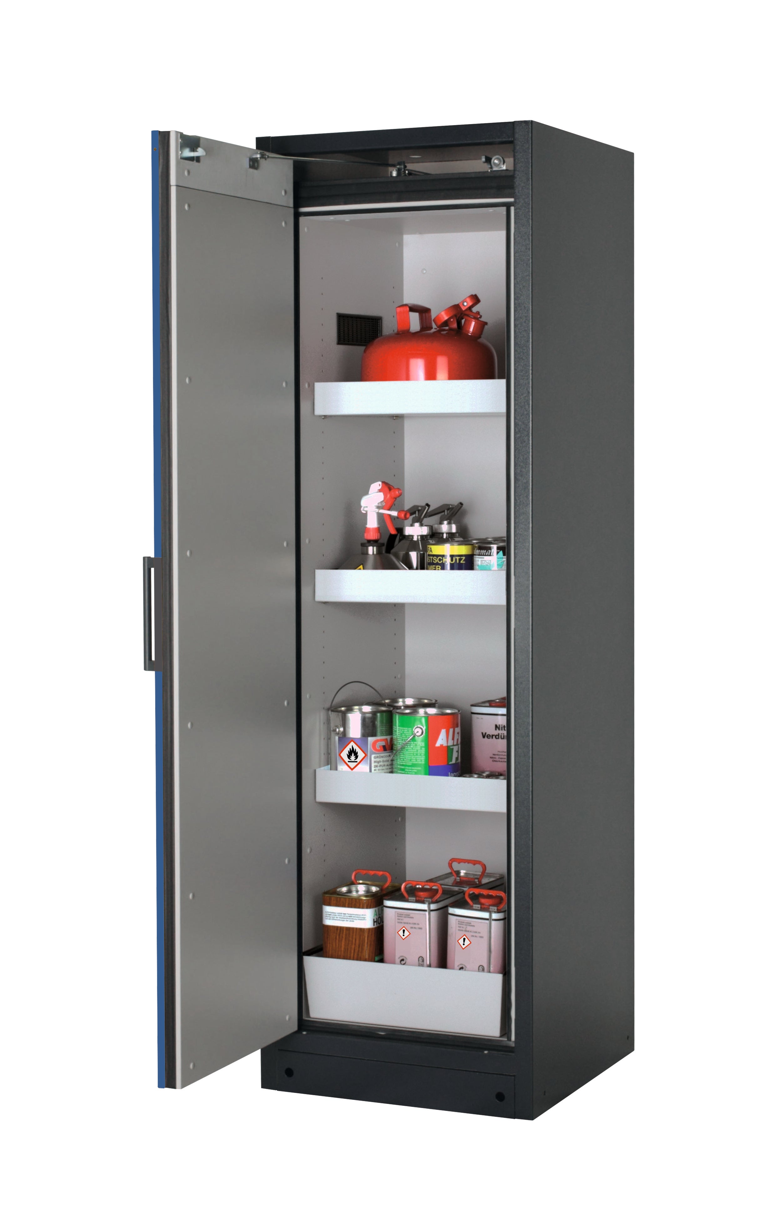 Type 90 safety storage cabinet Q-CLASSIC-90 model Q90.195.060 in gentian blue RAL 5010 with 3x tray shelf (standard) (sheet steel),