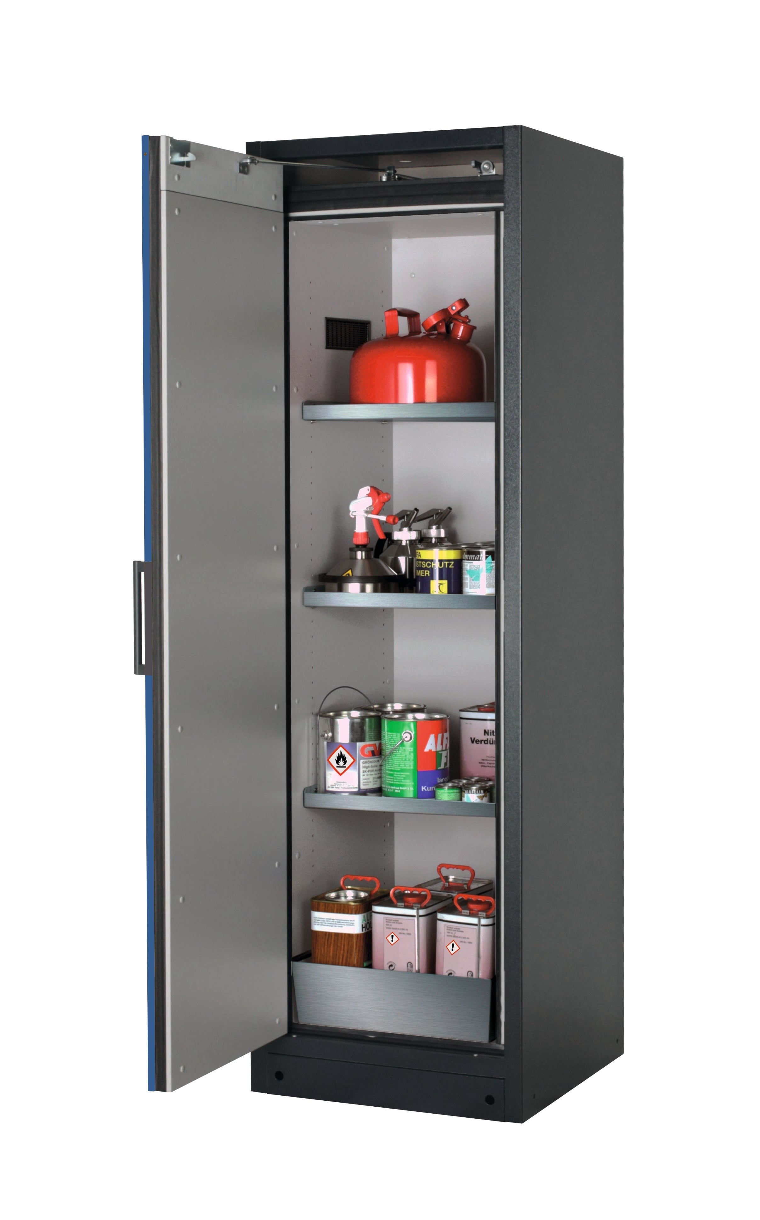 Type 90 safety storage cabinet Q-CLASSIC-90 model Q90.195.060 in gentian blue RAL 5010 with 3x shelf standard (stainless steel 1.4301),