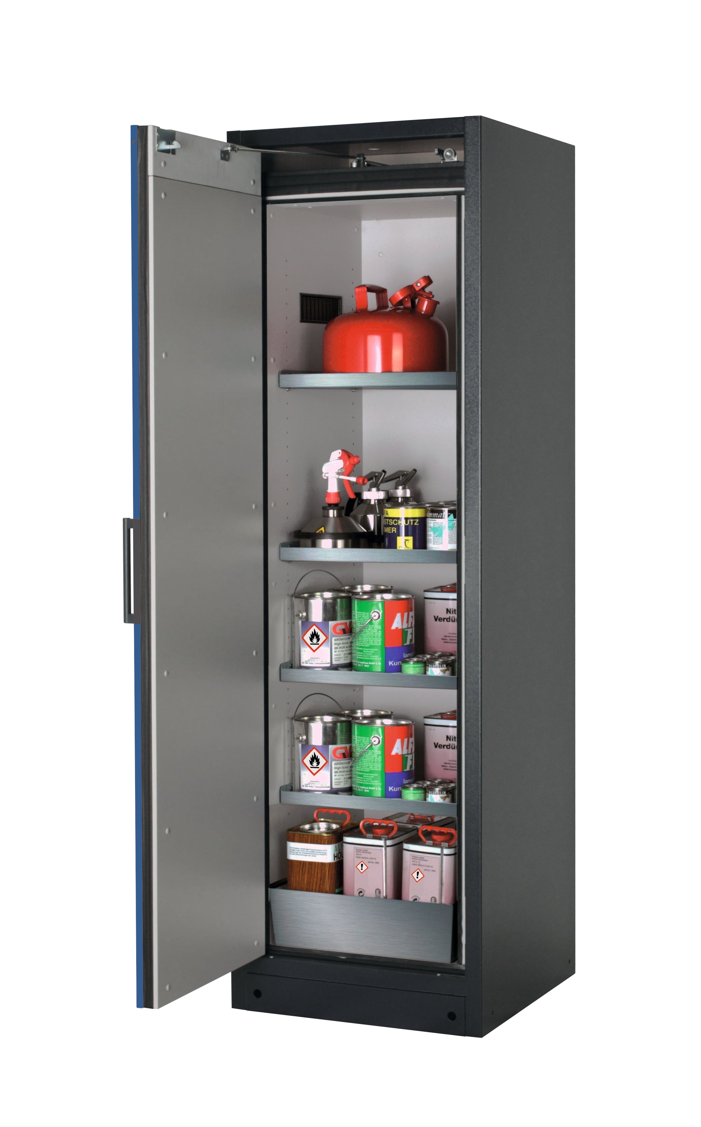 Type 90 safety storage cabinet Q-CLASSIC-90 model Q90.195.060 in gentian blue RAL 5010 with 4x shelf standard (stainless steel 1.4301),