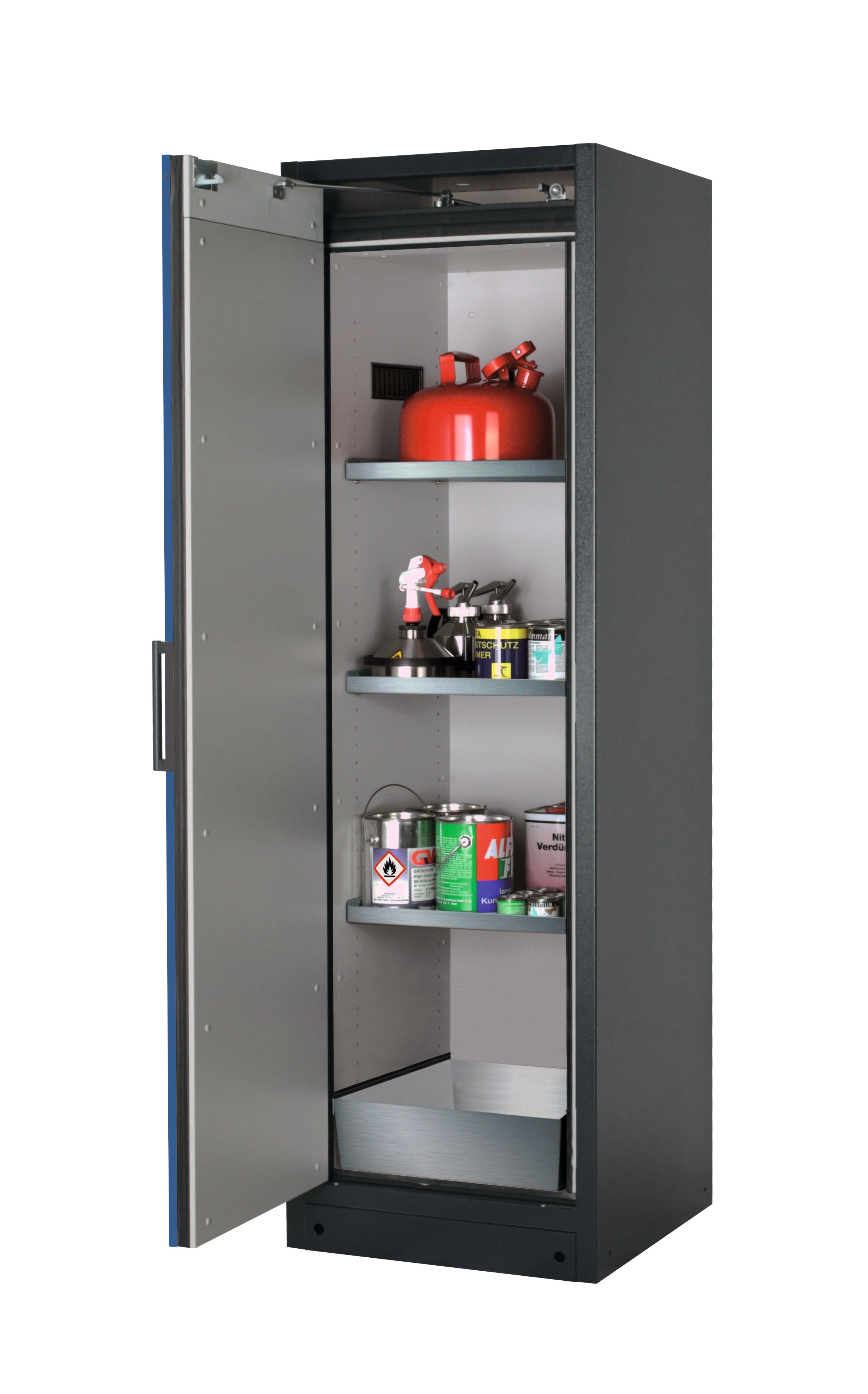 Type 90 safety storage cabinet Q-CLASSIC-90 model Q90.195.060 in gentian blue RAL 5010 with 3x shelf standard (stainless steel 1.4301),