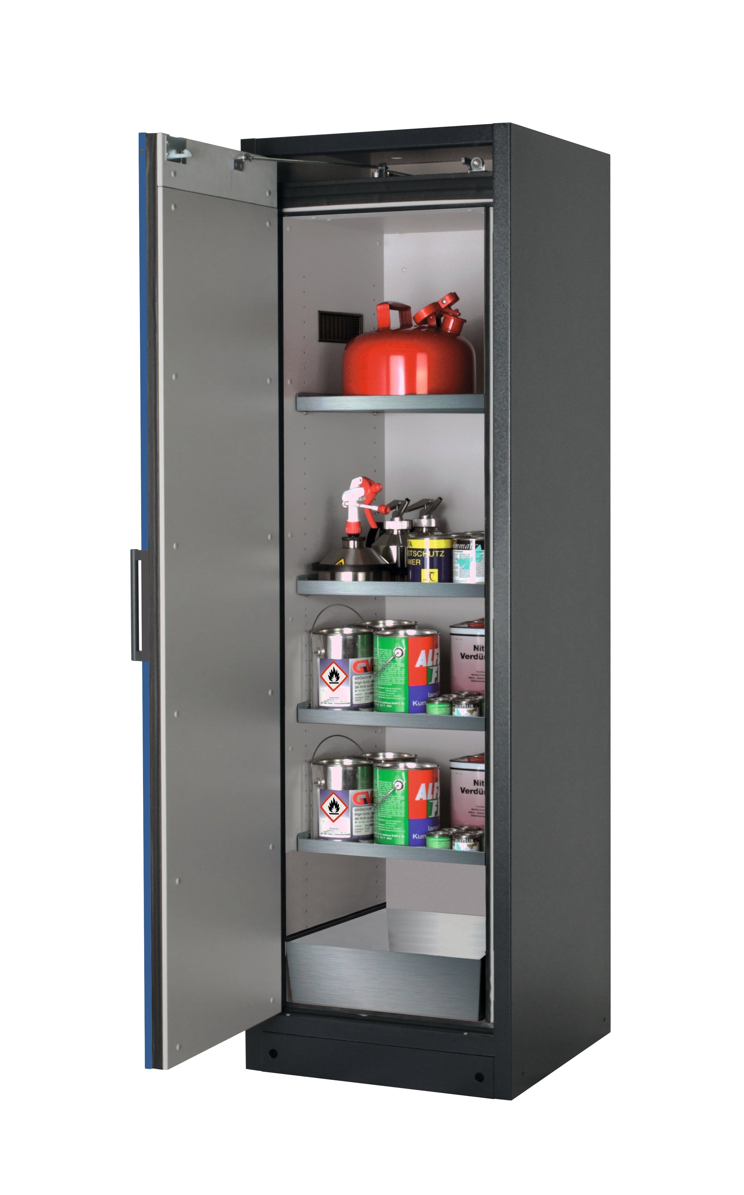 Type 90 safety storage cabinet Q-CLASSIC-90 model Q90.195.060 in gentian blue RAL 5010 with 4x shelf standard (stainless steel 1.4301),