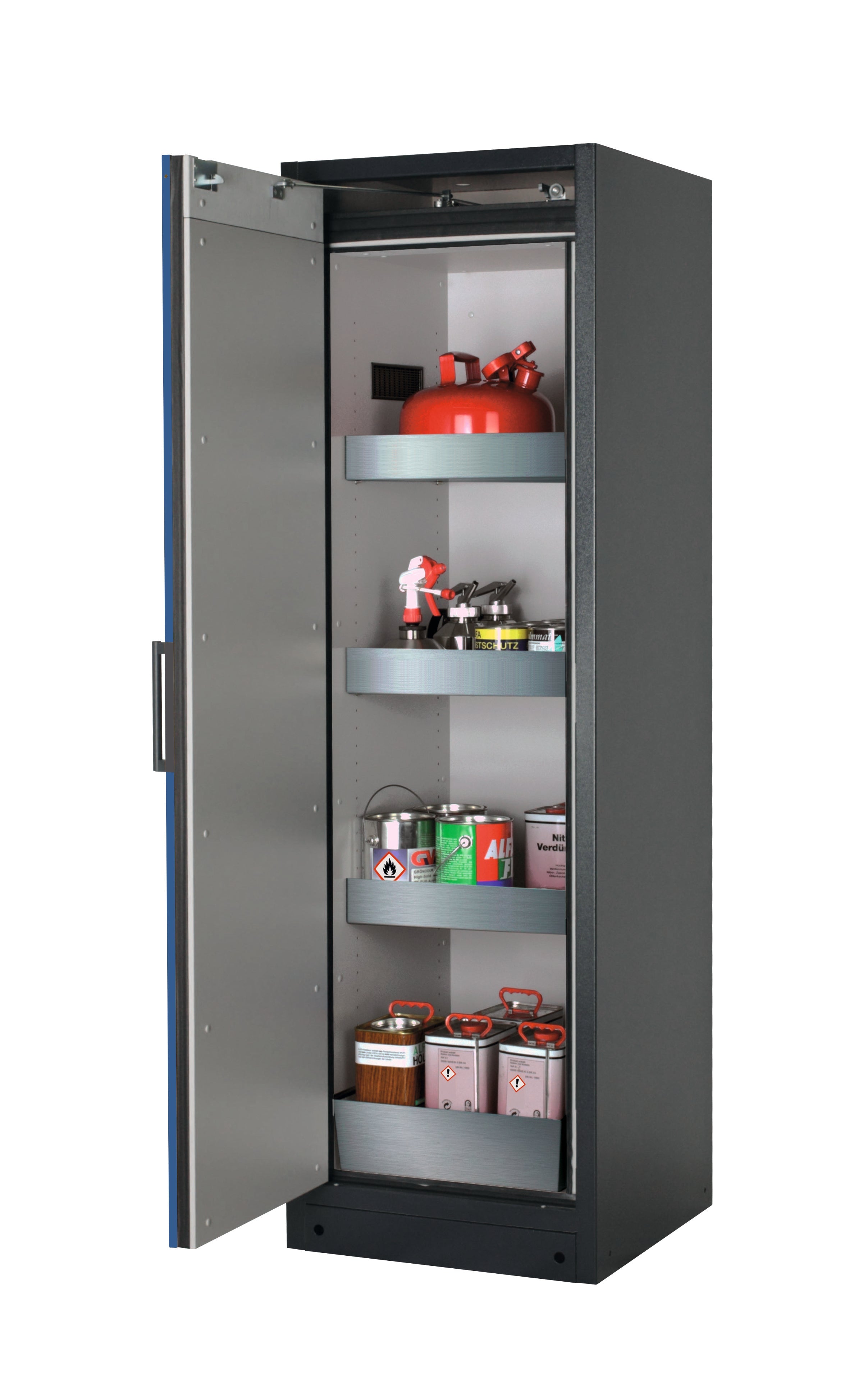 Type 90 safety storage cabinet Q-CLASSIC-90 model Q90.195.060 in gentian blue RAL 5010 with 3x tray shelf (standard) (stainless steel 1.4301),