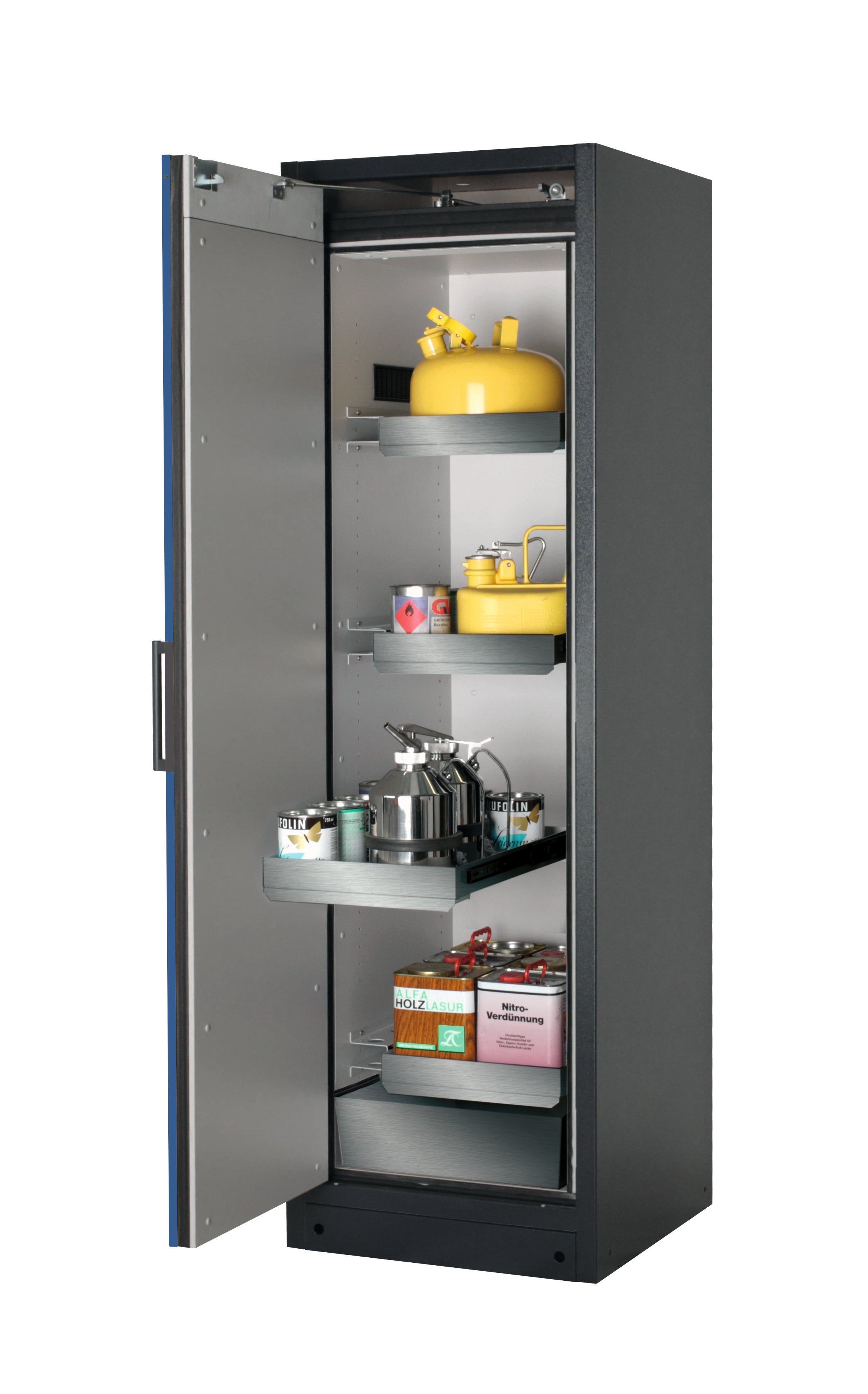 Type 90 safety storage cabinet Q-CLASSIC-90 model Q90.195.060 in gentian blue RAL 5010 with 3x drawer (standard) (stainless steel 1.4301),