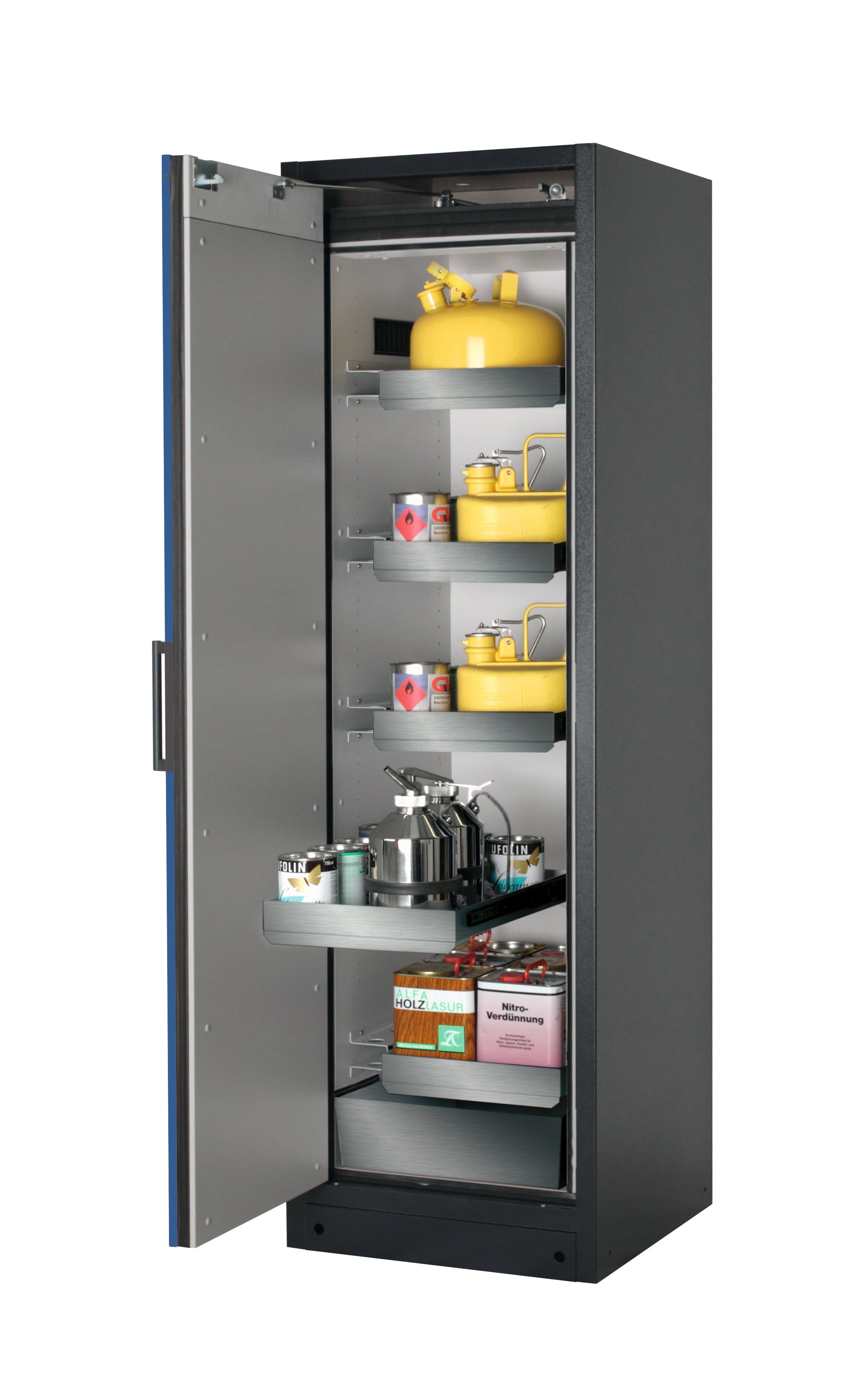 Type 90 safety storage cabinet Q-CLASSIC-90 model Q90.195.060 in gentian blue RAL 5010 with 4x drawer (standard) (stainless steel 1.4301),
