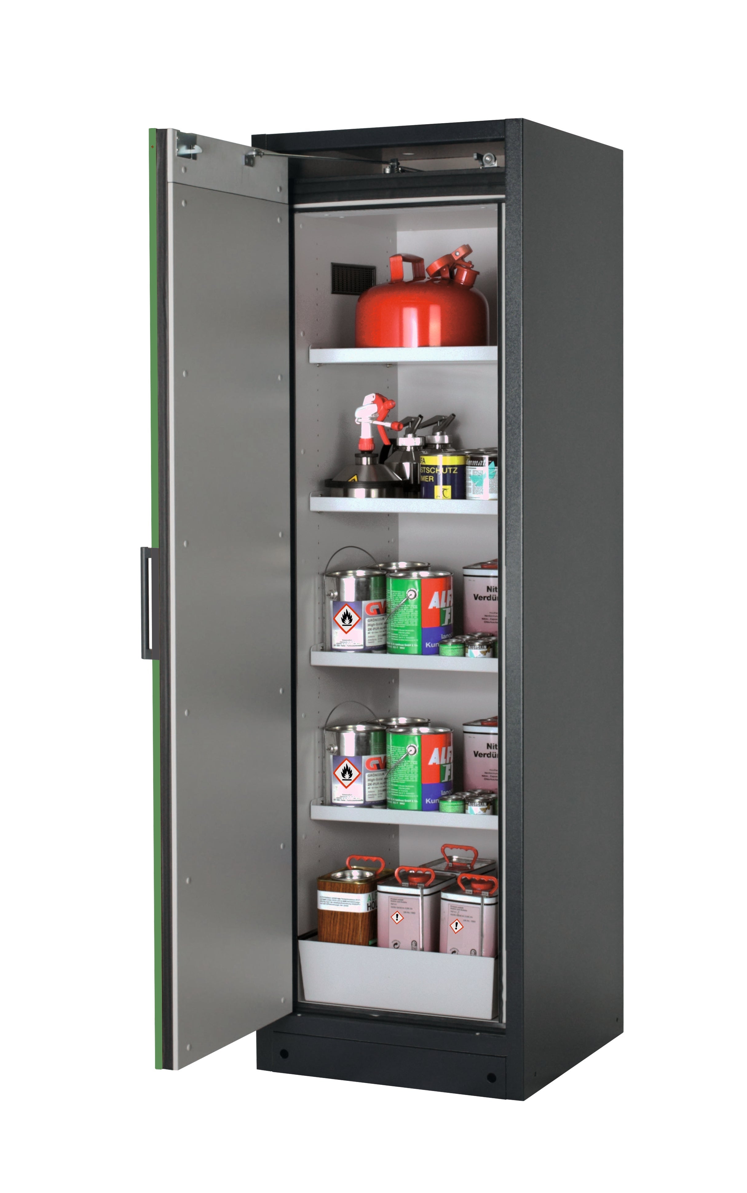 Type 90 safety storage cabinet Q-CLASSIC-90 model Q90.195.060 in reseda green RAL 6011 with 4x shelf standard (sheet steel),
