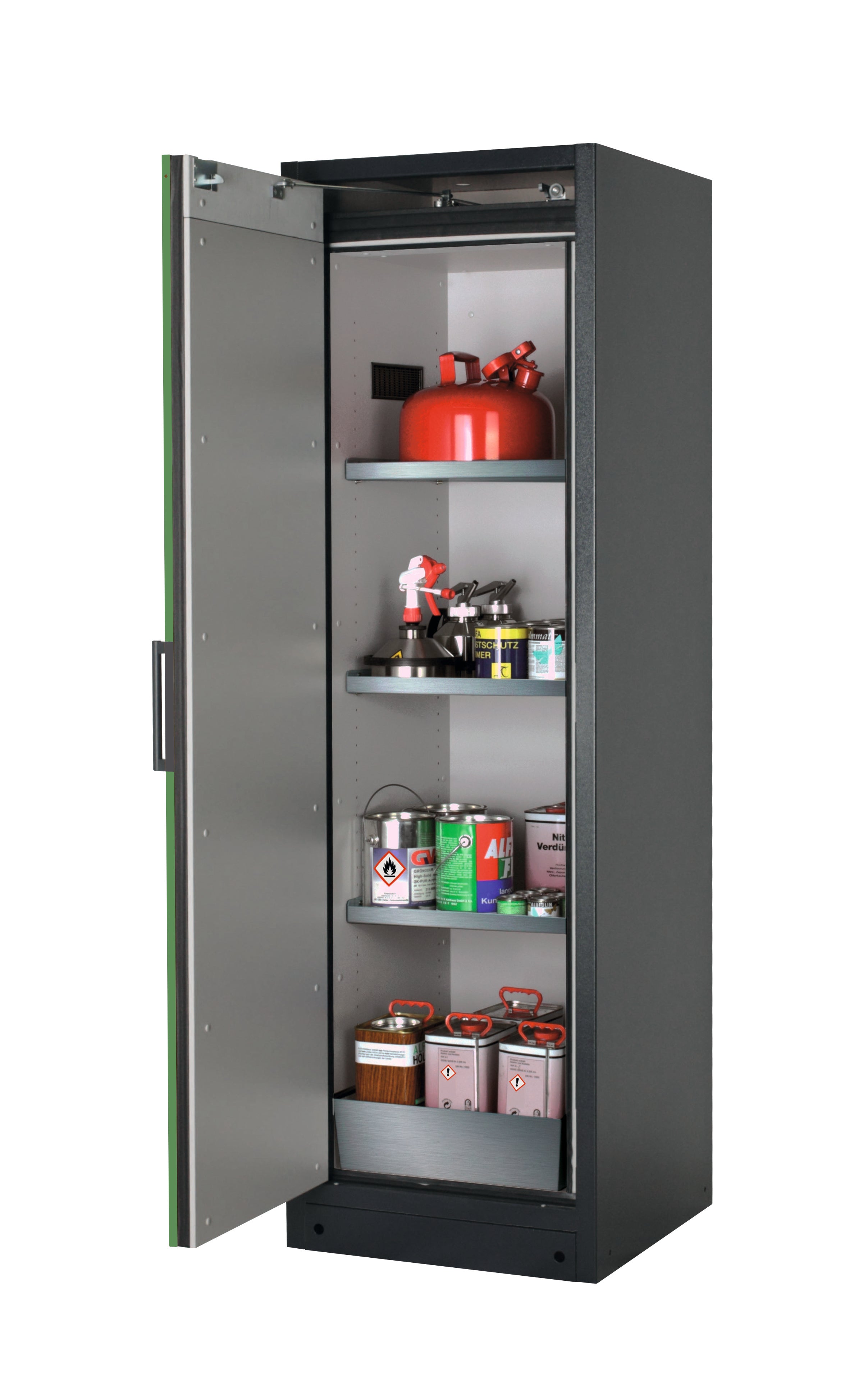Type 90 safety storage cabinet Q-PEGASUS-90 model Q90.195.060.WDAC in reseda green RAL 6011 with 3x shelf standard (stainless steel 1.4301),