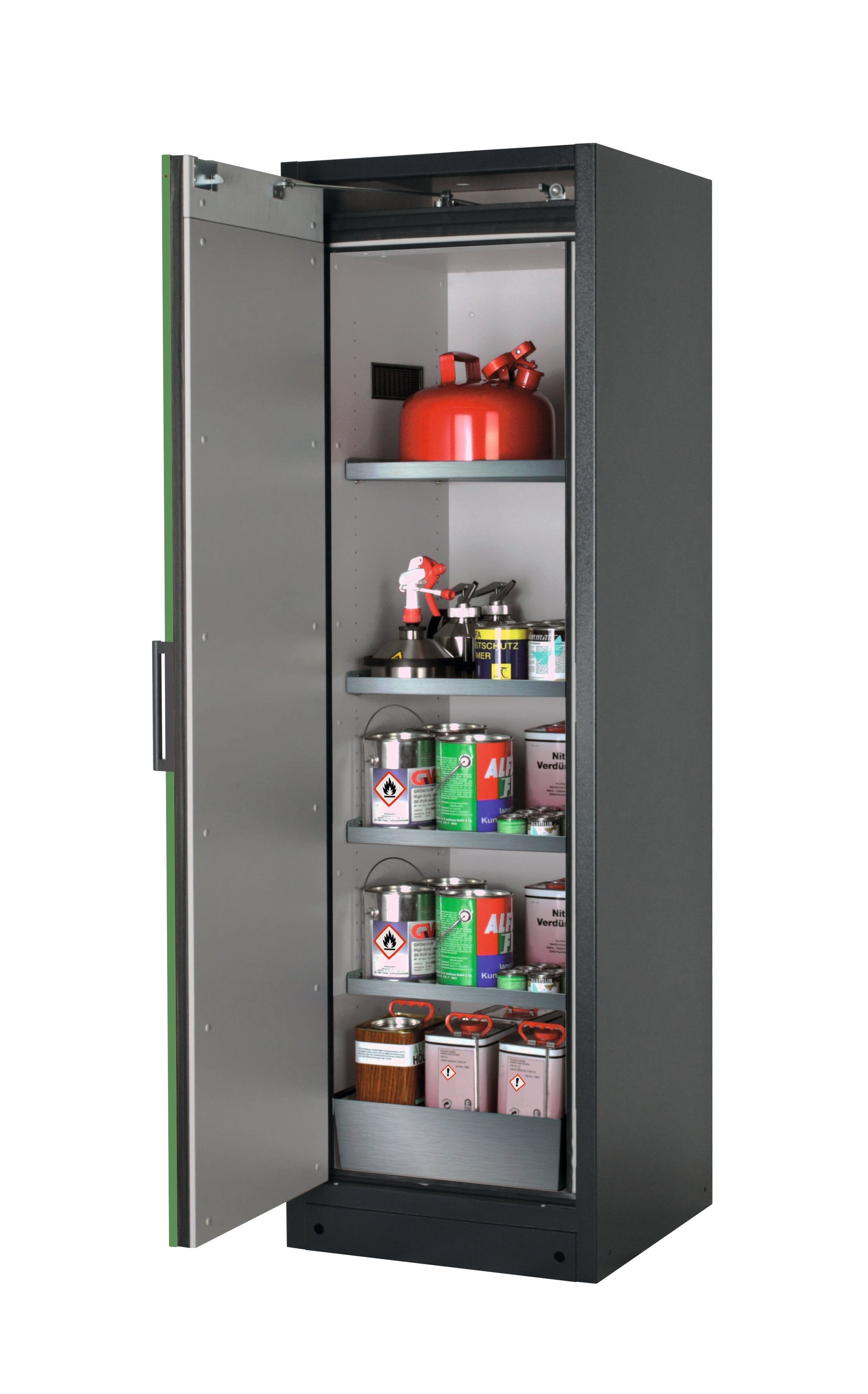 Type 90 safety storage cabinet Q-PEGASUS-90 model Q90.195.060.WDAC in reseda green RAL 6011 with 4x shelf standard (stainless steel 1.4301),