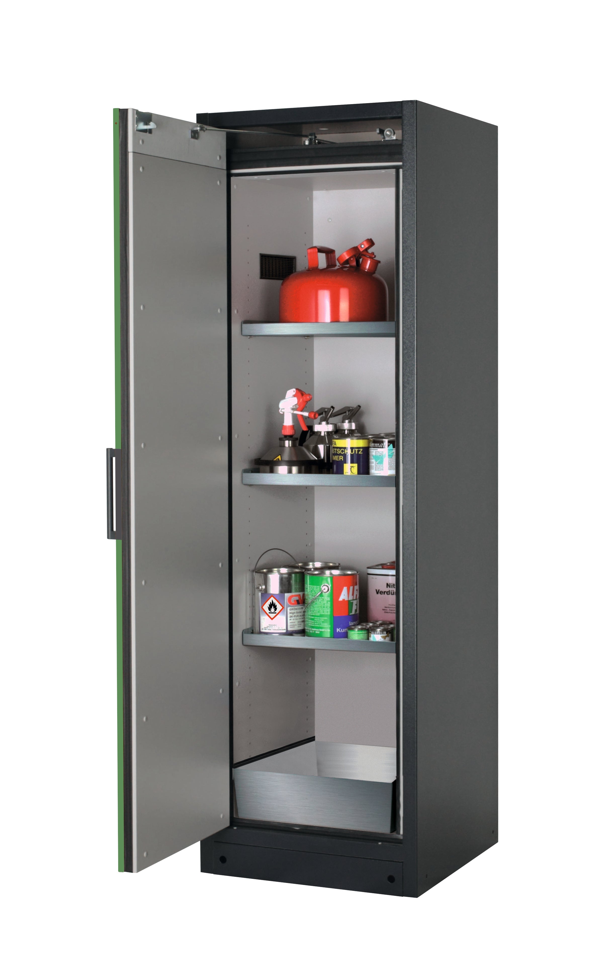 Type 90 safety storage cabinet Q-CLASSIC-90 model Q90.195.060 in reseda green RAL 6011 with 3x shelf standard (stainless steel 1.4301),
