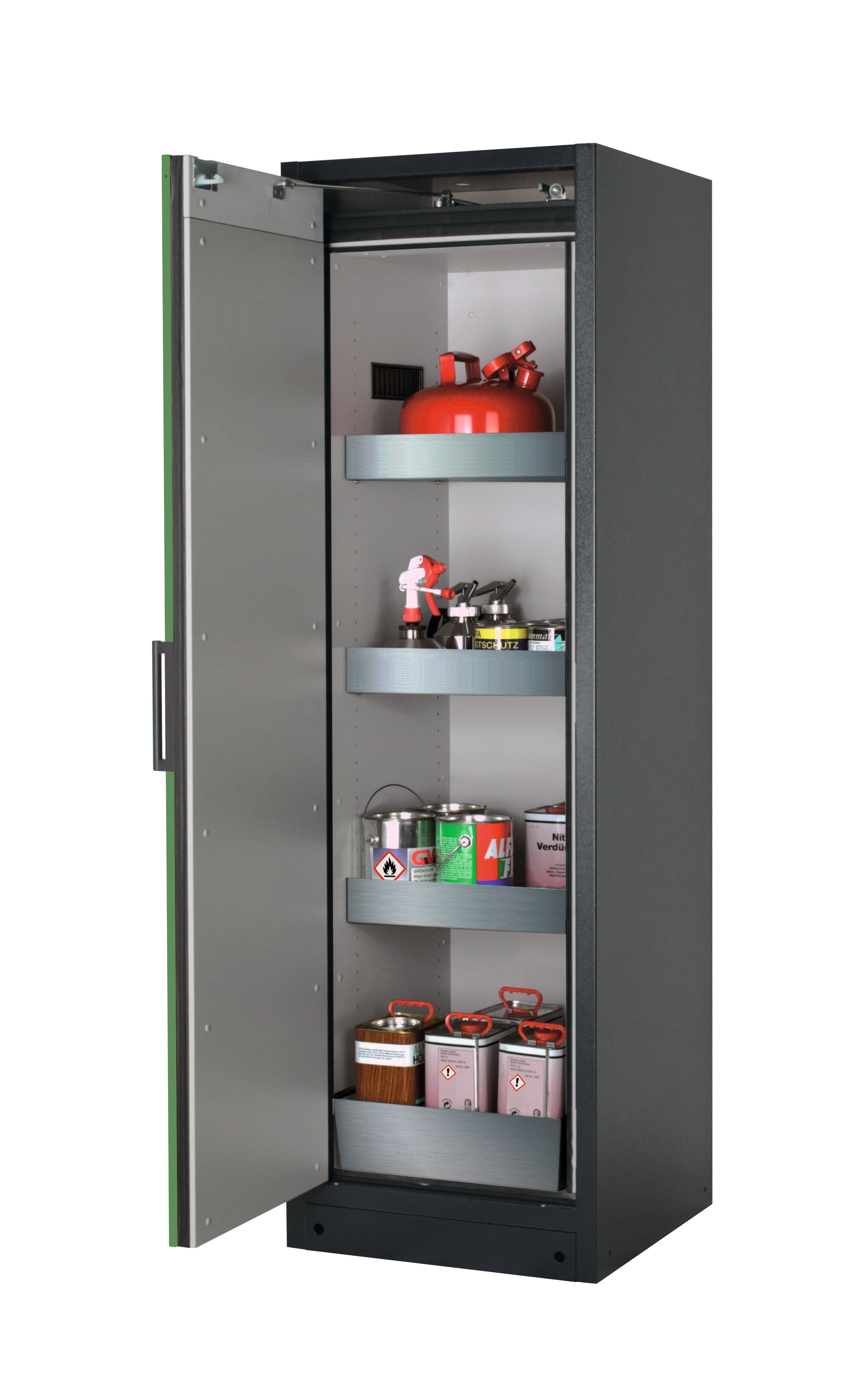 Type 90 safety storage cabinet Q-PEGASUS-90 model Q90.195.060.WDAC in reseda green RAL 6011 with 3x tray shelf (standard) (stainless steel 1.4301),