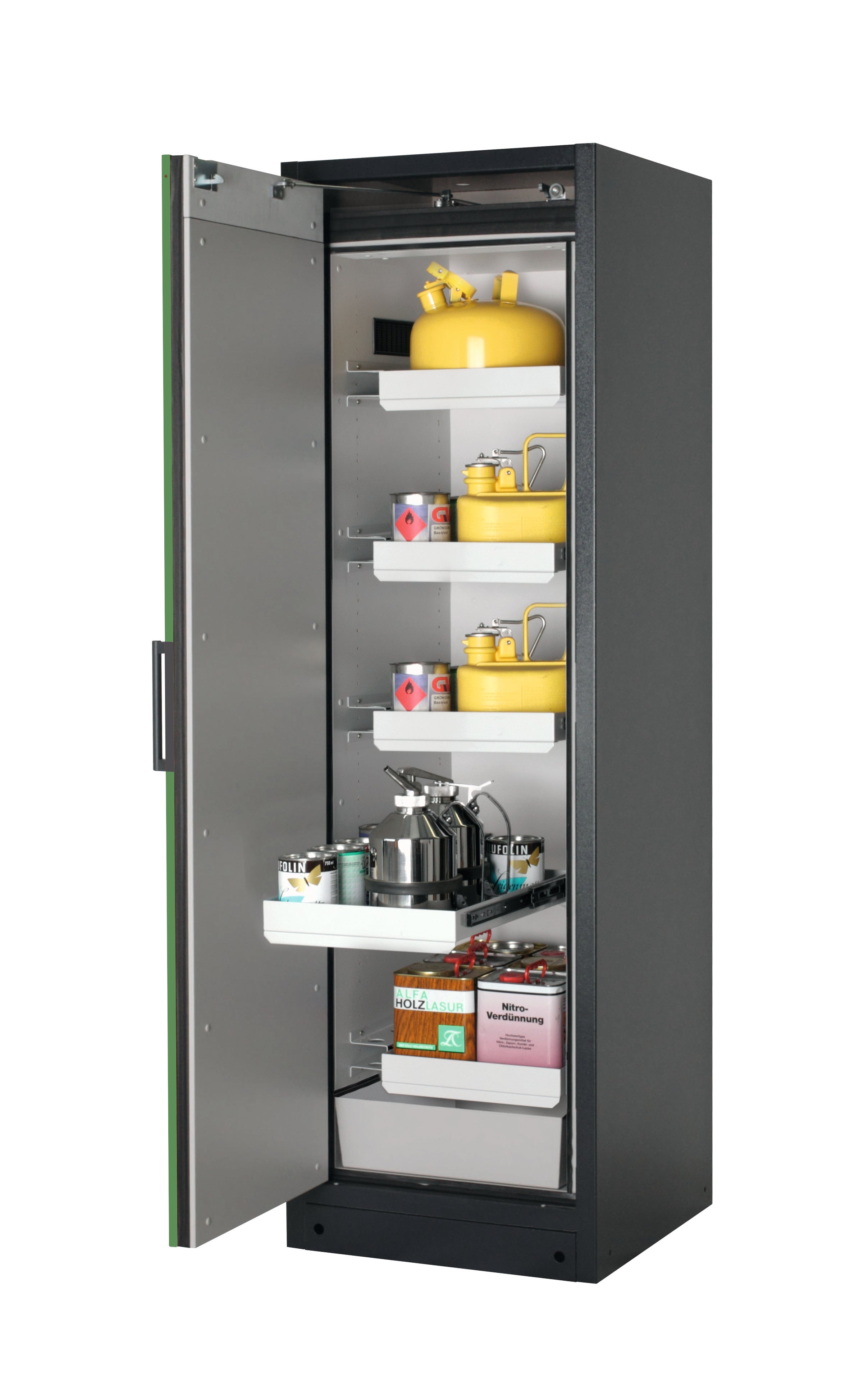 Type 90 safety storage cabinet Q-PEGASUS-90 model Q90.195.060.WDAC in reseda green RAL 6011 with 4x drawer (standard) (sheet steel),
