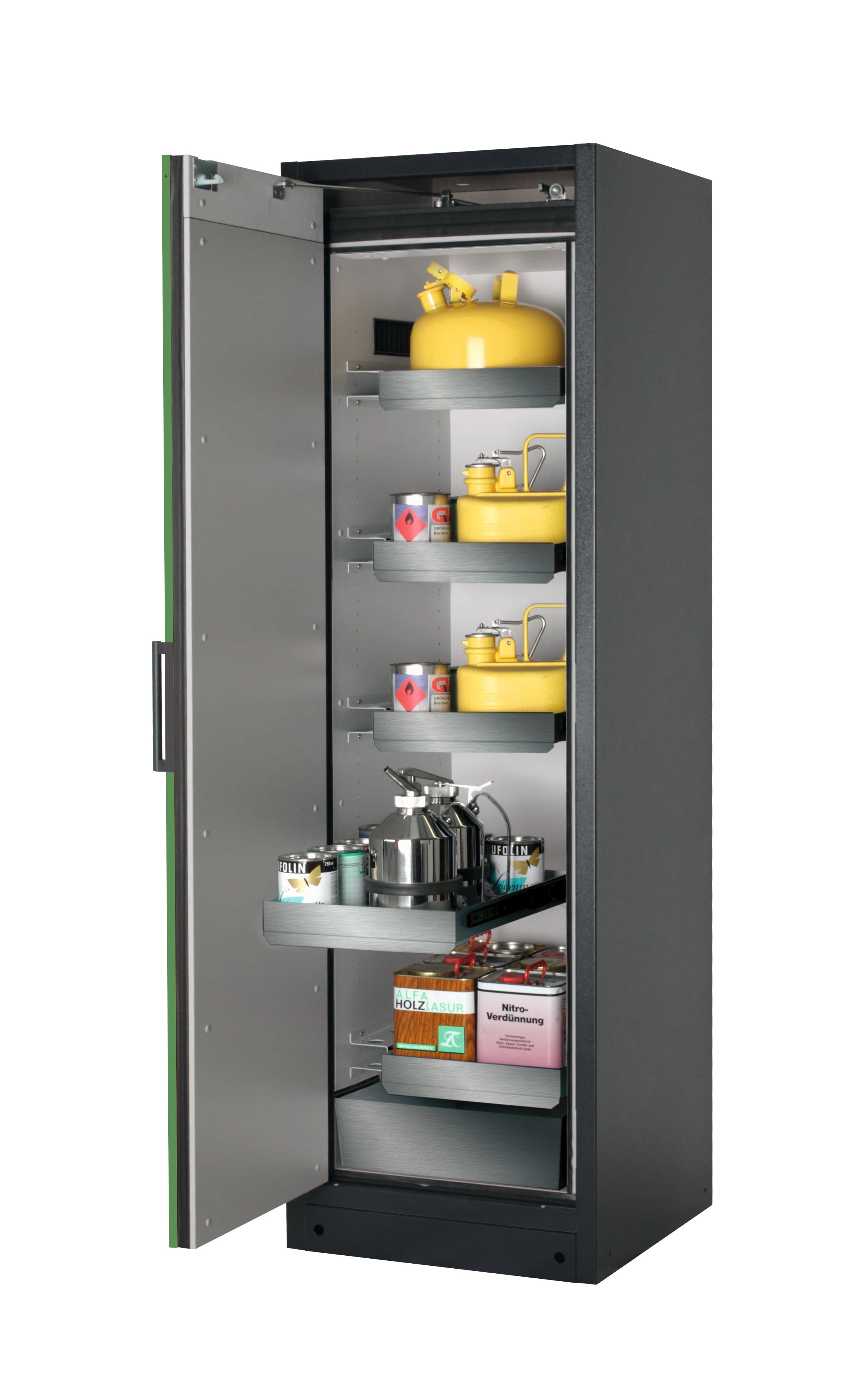 Type 90 safety storage cabinet Q-CLASSIC-90 model Q90.195.060 in reseda green RAL 6011 with 4x drawer (standard) (stainless steel 1.4301),