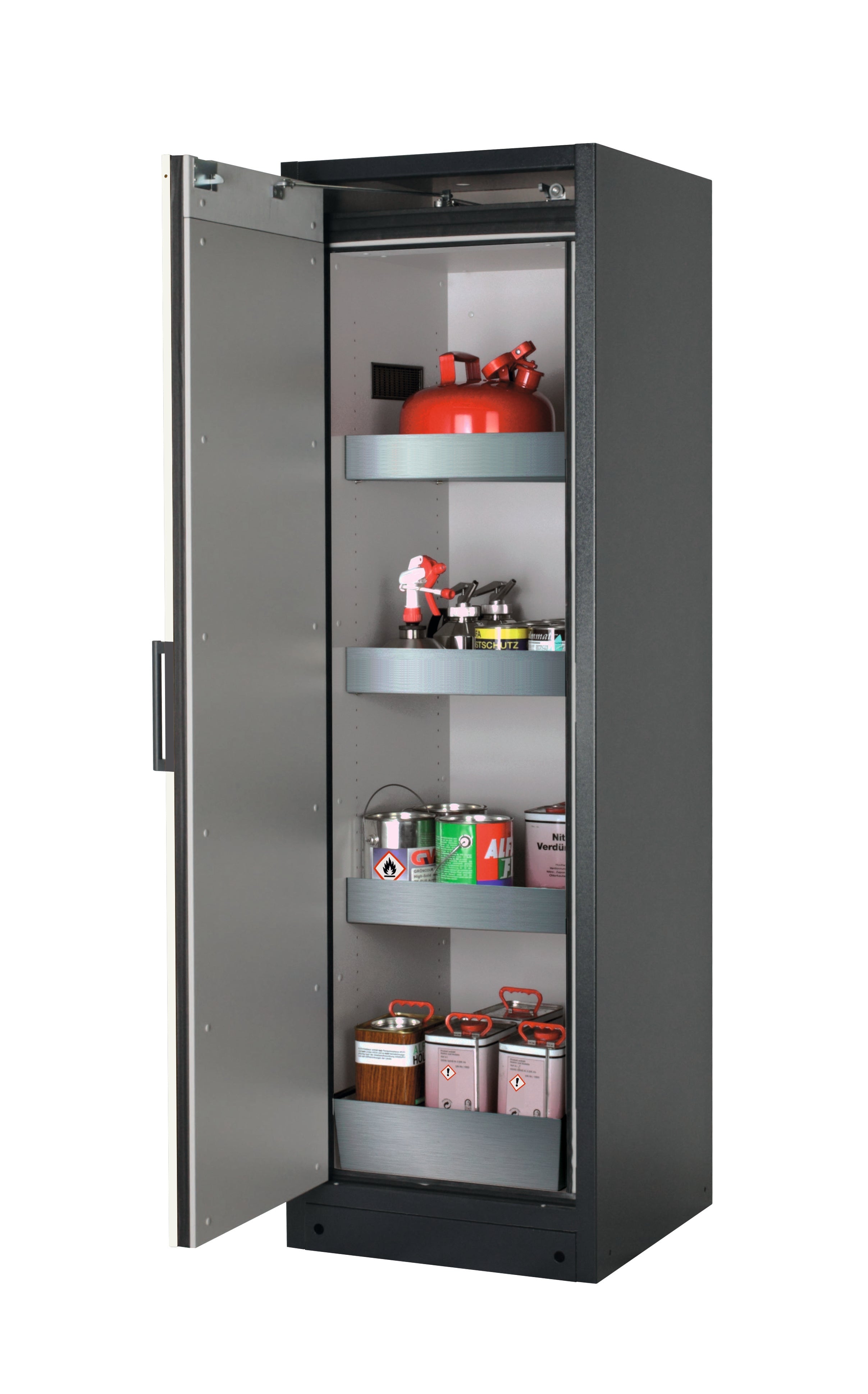 Type 90 safety storage cabinet Q-CLASSIC-90 model Q90.195.060 in asecos silver with 3x tray shelf (standard) (stainless steel 1.4301),