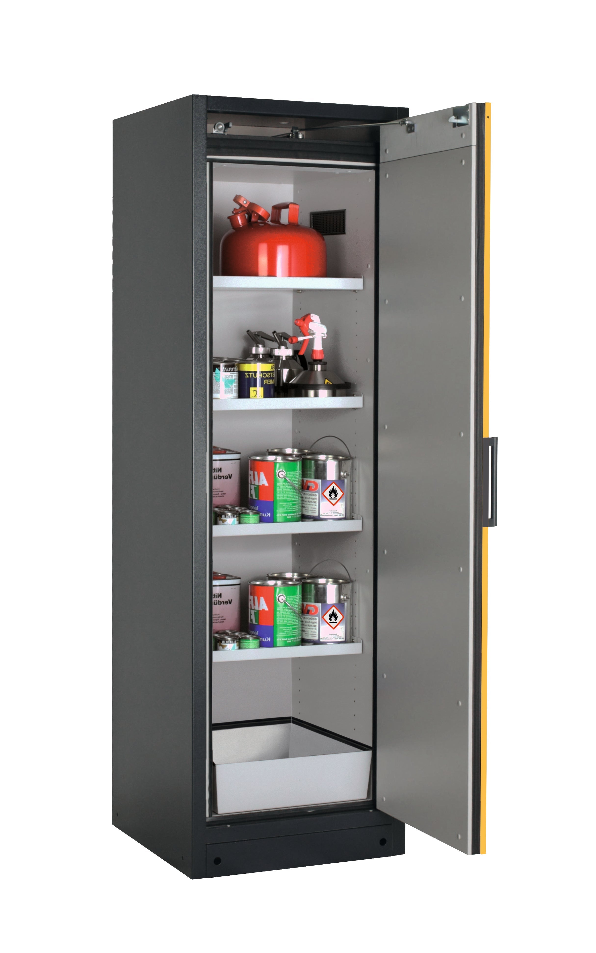 Type 90 safety storage cabinet Q-CLASSIC-90 model Q90.195.060.R in warning yellow RAL 1004 with 4x shelf standard (sheet steel),