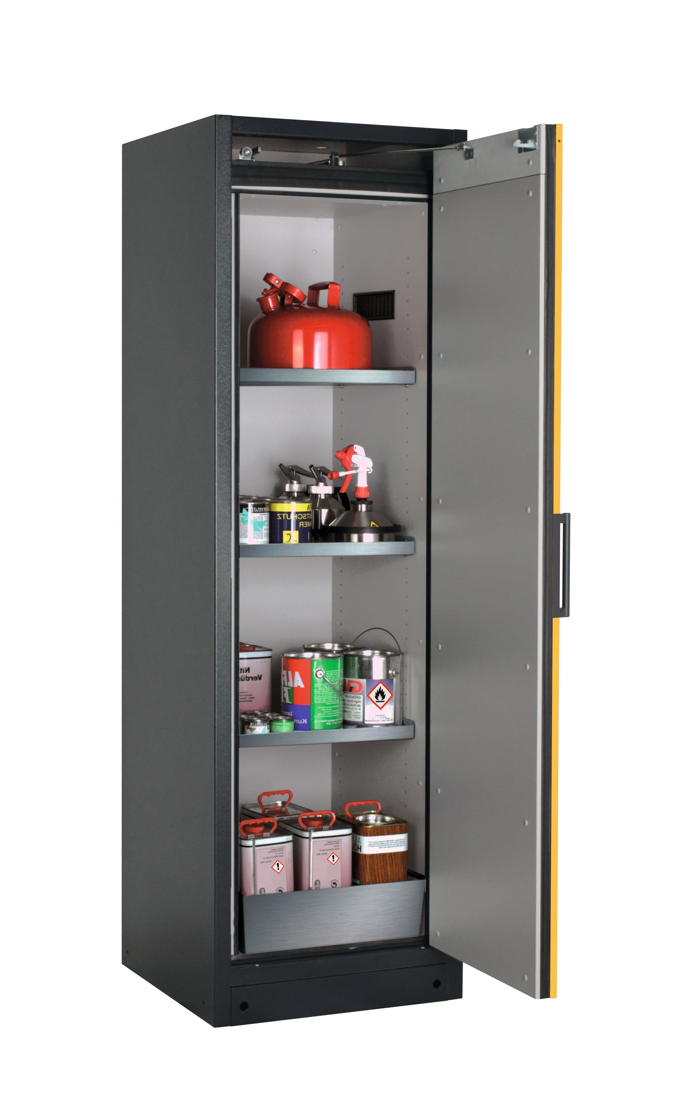 Type 90 safety storage cabinet Q-CLASSIC-90 model Q90.195.060.R in warning yellow RAL 1004 with 3x shelf standard (stainless steel 1.4301),