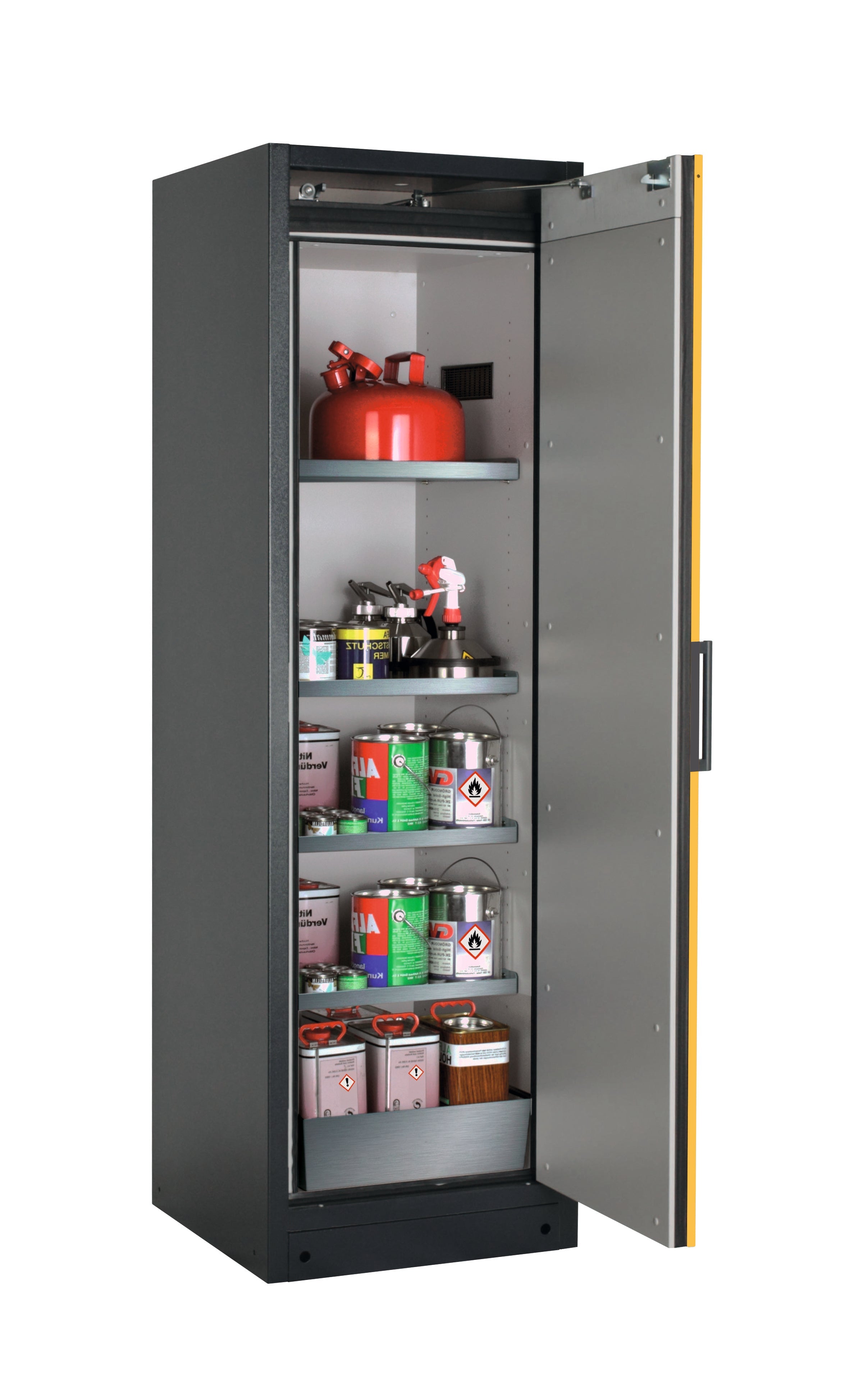 Type 90 safety storage cabinet Q-CLASSIC-90 model Q90.195.060.R in warning yellow RAL 1004 with 4x shelf standard (stainless steel 1.4301),