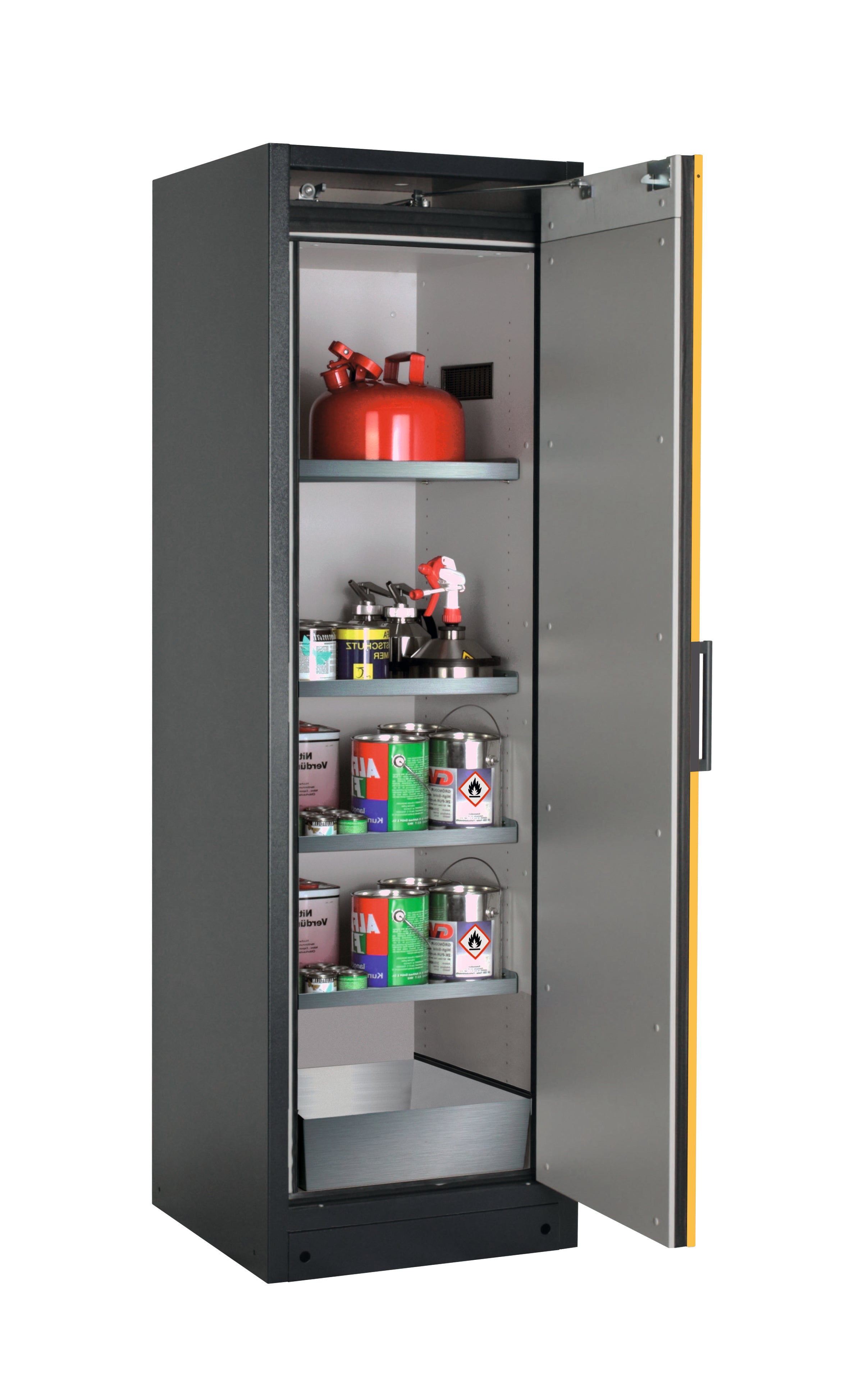 Type 90 safety storage cabinet Q-PEGASUS-90 model Q90.195.060.WDACR in warning yellow RAL 1004 with 4x shelf standard (stainless steel 1.4301),