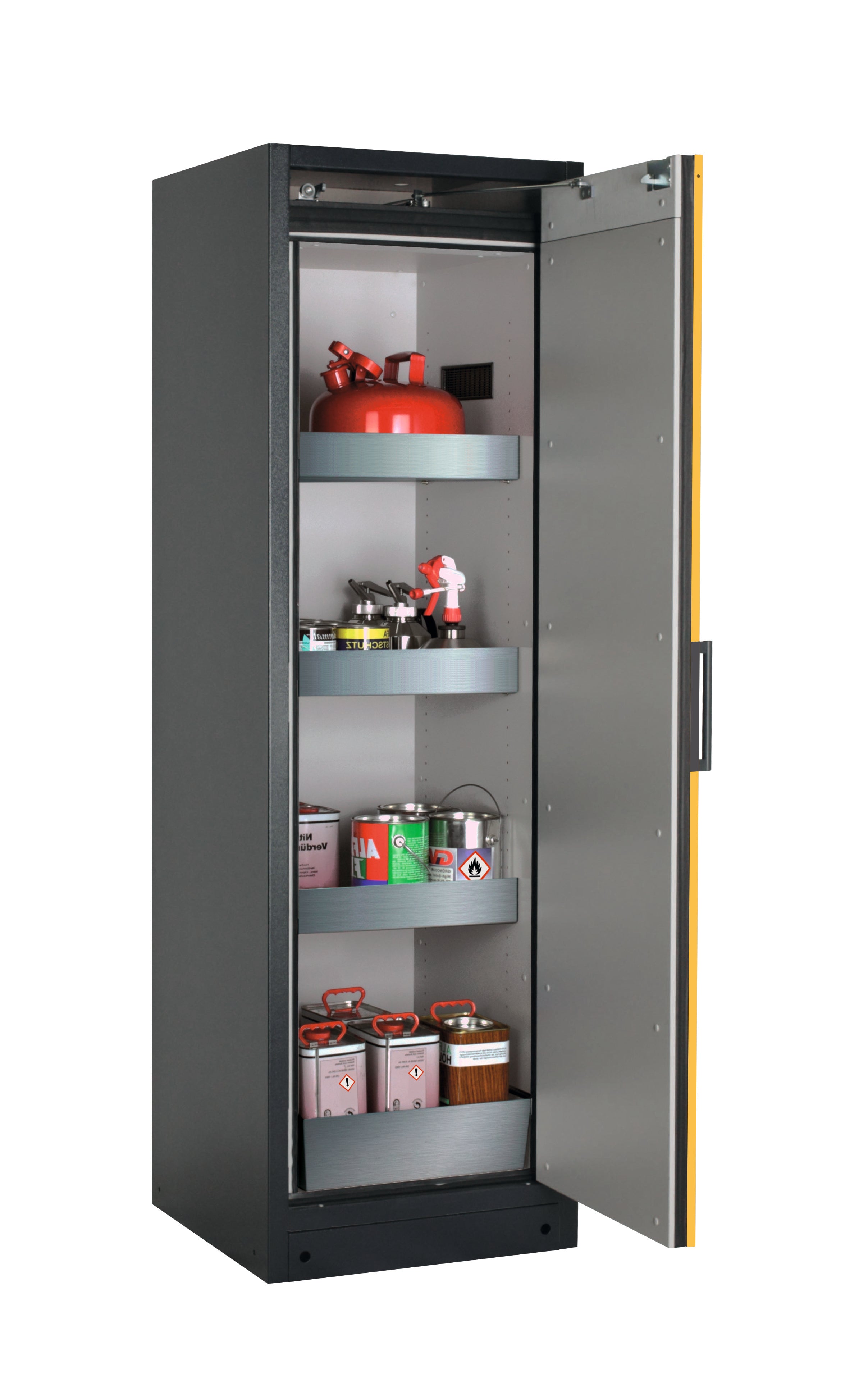Type 90 safety storage cabinet Q-CLASSIC-90 model Q90.195.060.R in warning yellow RAL 1004 with 3x tray shelf (standard) (stainless steel 1.4301),