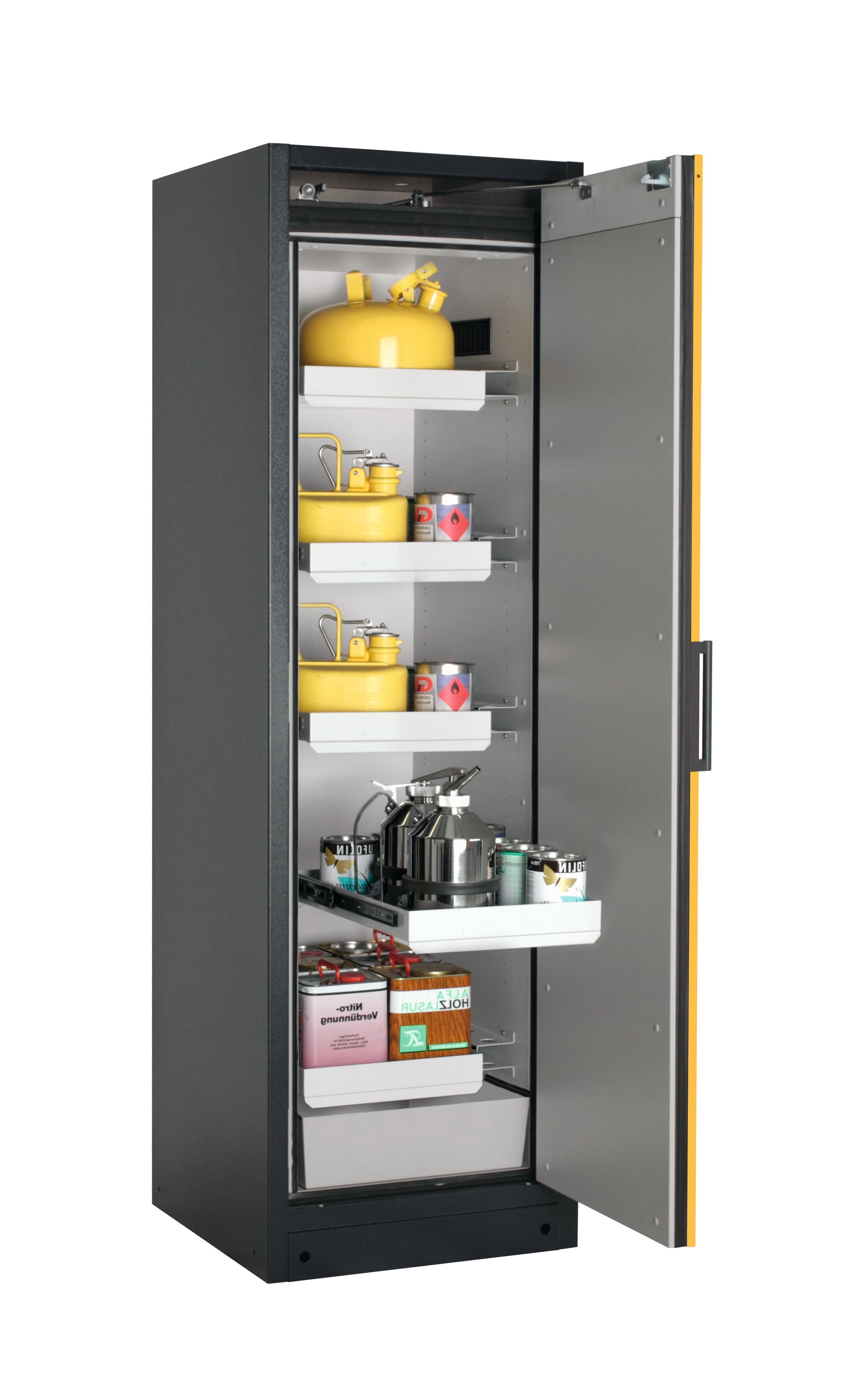 Type 90 safety storage cabinet Q-PEGASUS-90 model Q90.195.060.WDACR in warning yellow RAL 1004 with 4x drawer (standard) (sheet steel),