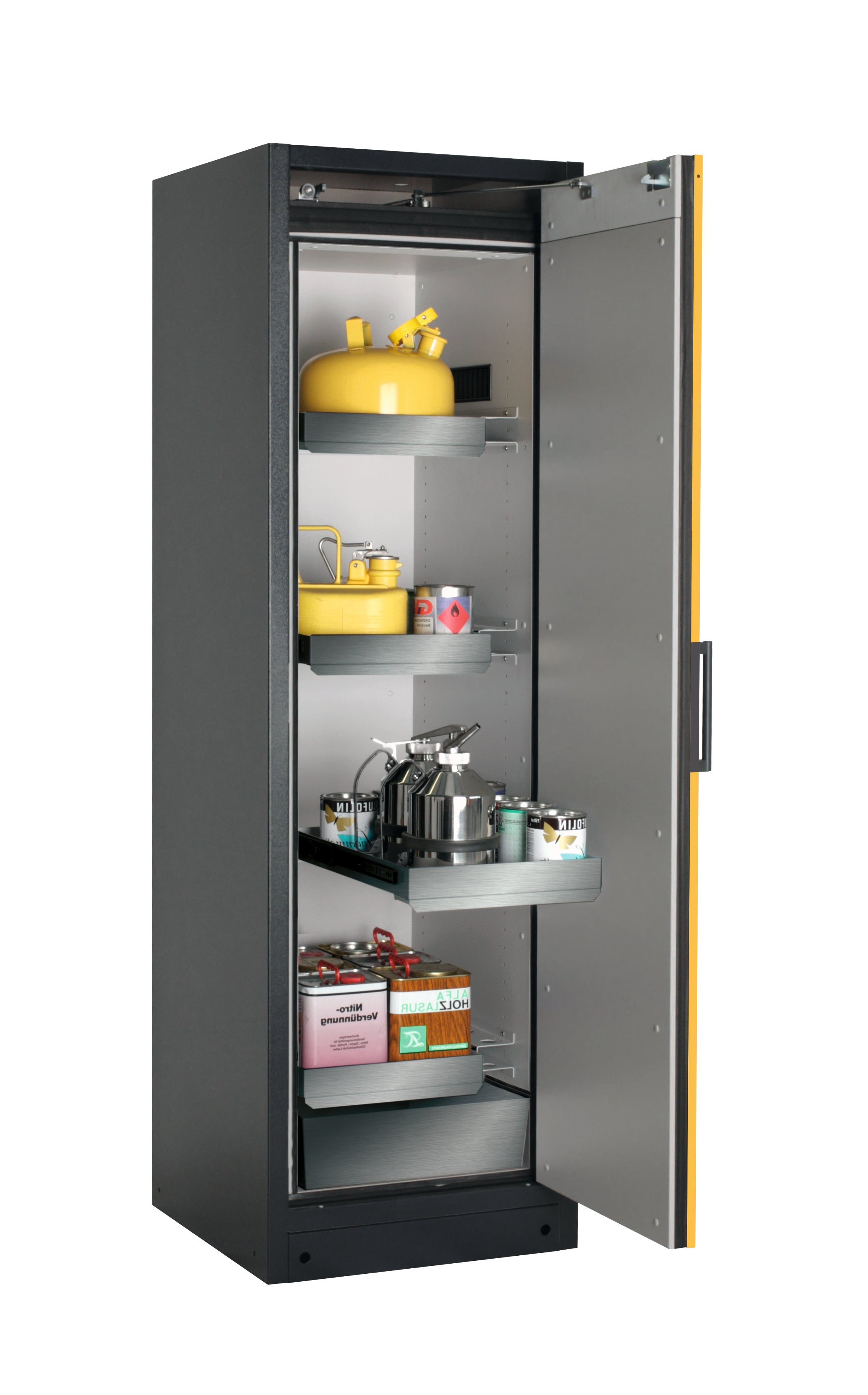 Type 90 safety storage cabinet Q-CLASSIC-90 model Q90.195.060.R in warning yellow RAL 1004 with 3x drawer (standard) (stainless steel 1.4301),