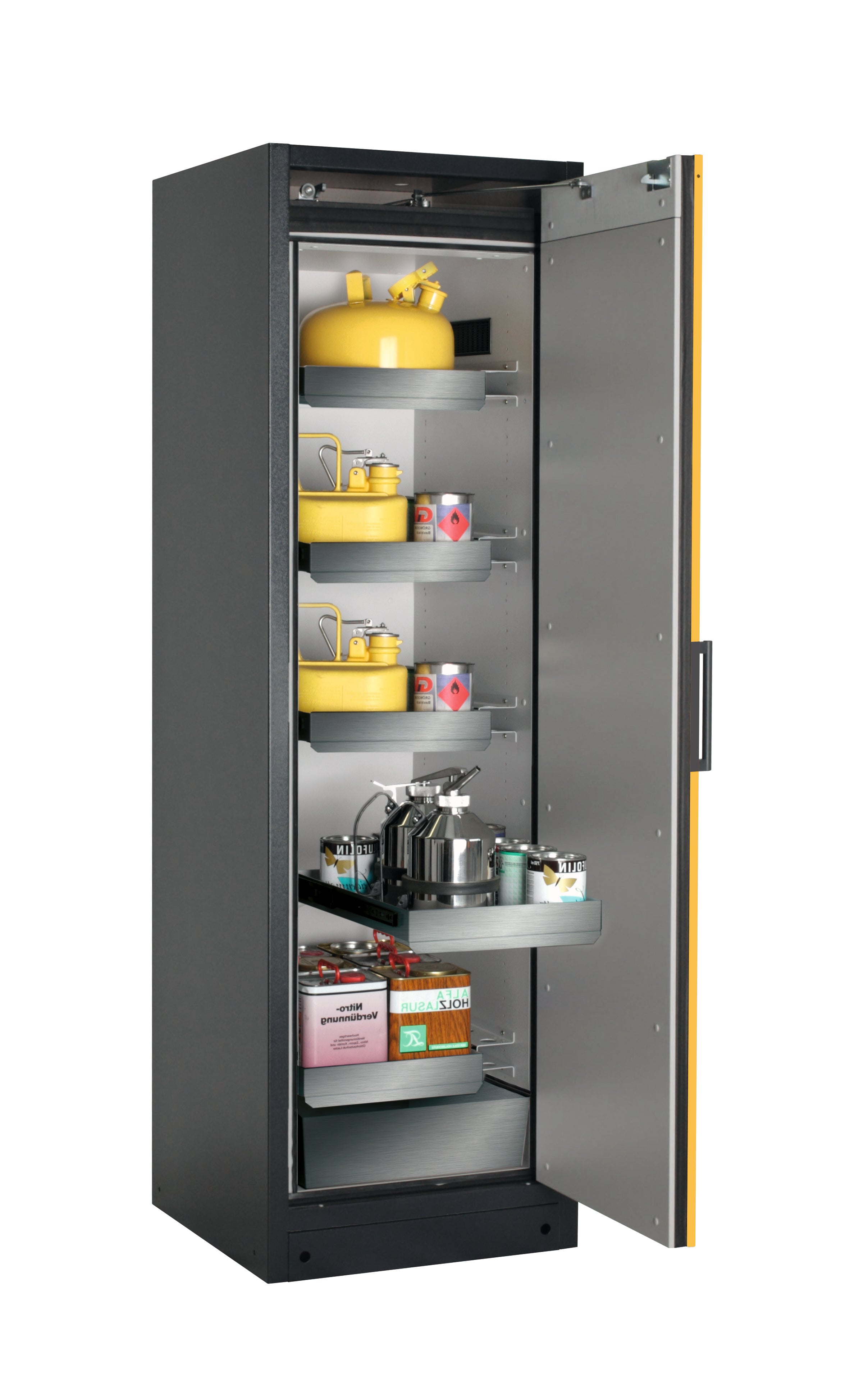 Type 90 safety storage cabinet Q-CLASSIC-90 model Q90.195.060.R in warning yellow RAL 1004 with 4x drawer (standard) (stainless steel 1.4301),