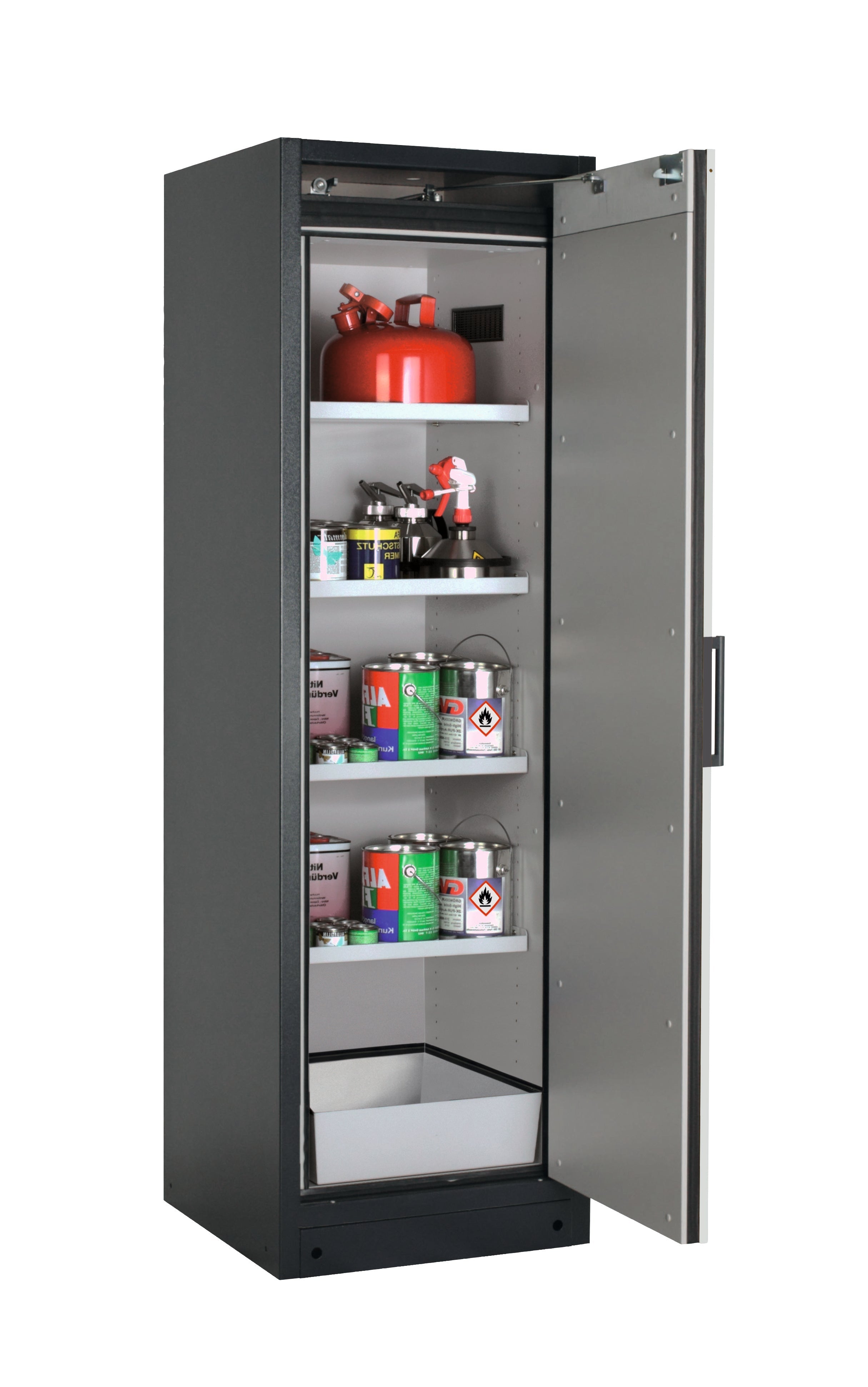 Type 90 safety storage cabinet Q-CLASSIC-90 model Q90.195.060.R in light grey RAL 7035 with 4x shelf standard (sheet steel),