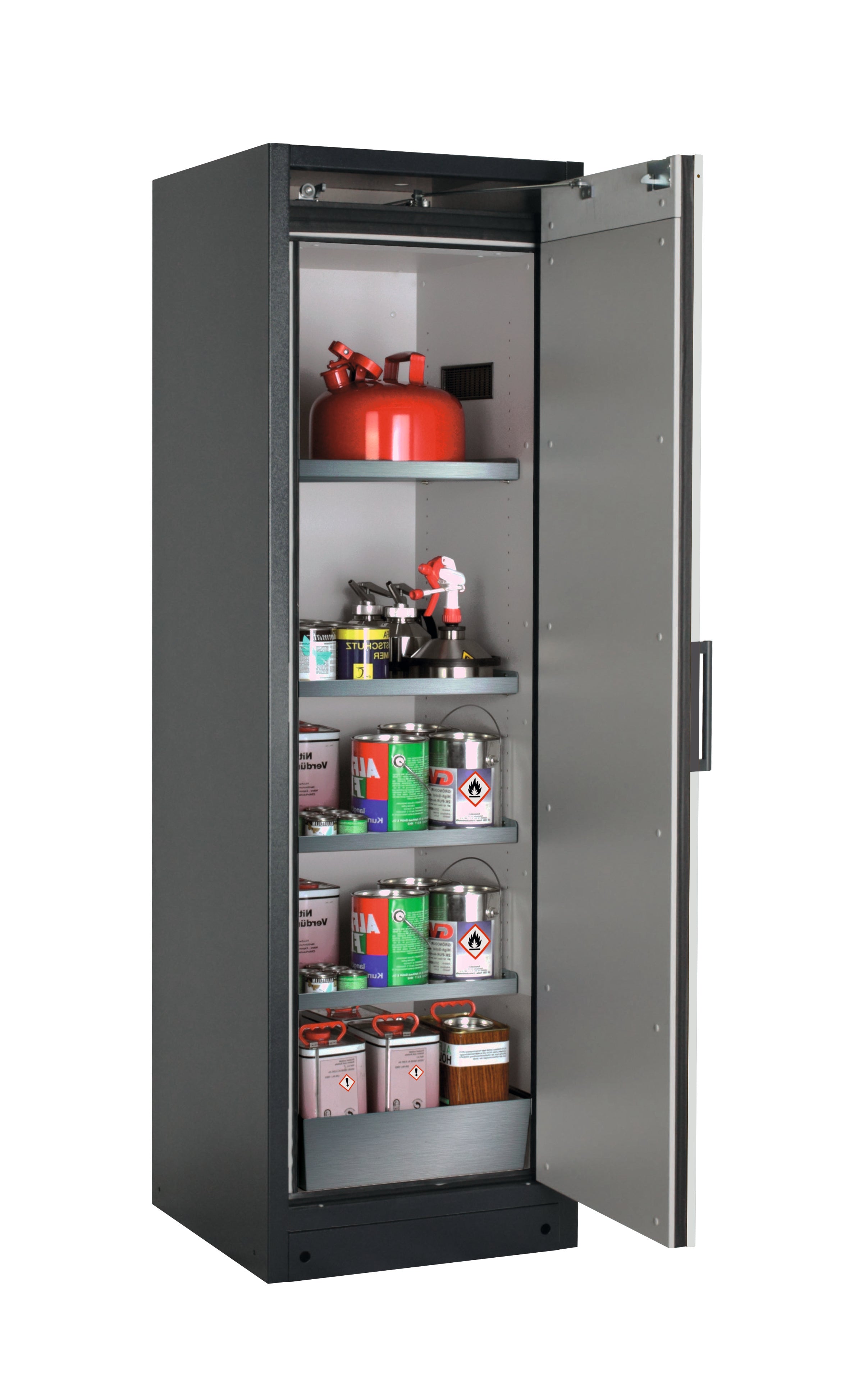 Type 90 safety storage cabinet Q-CLASSIC-90 model Q90.195.060.R in light grey RAL 7035 with 4x shelf standard (stainless steel 1.4301),