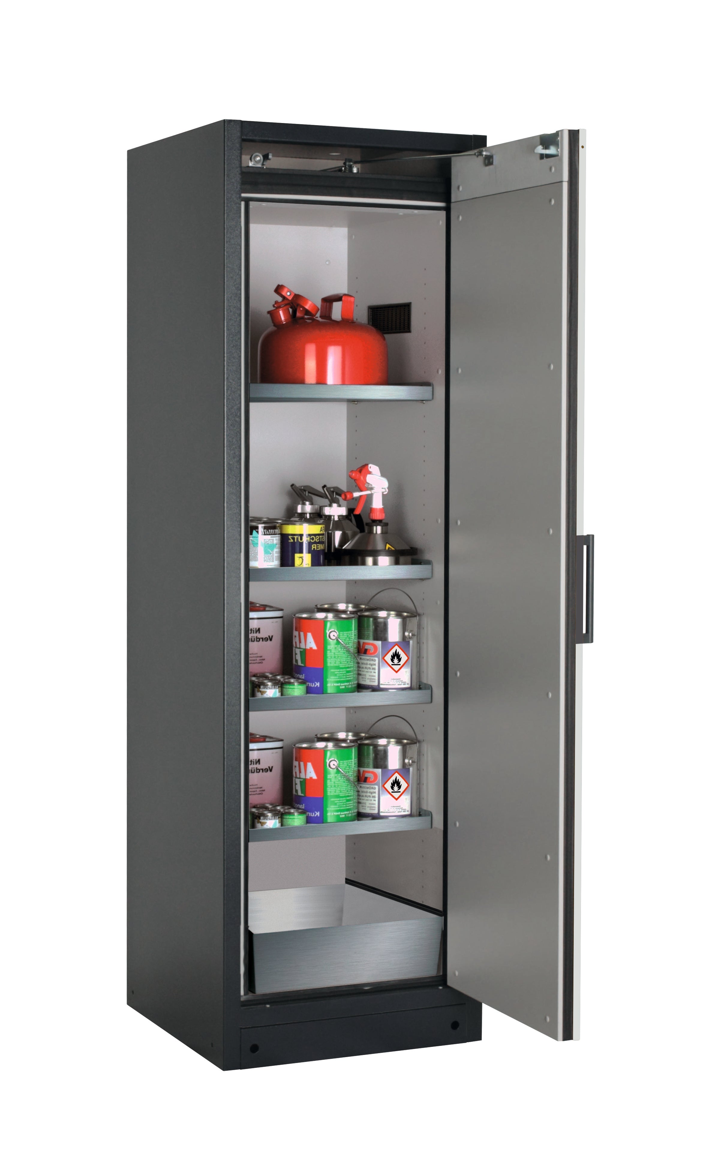 Type 90 safety storage cabinet Q-PEGASUS-90 model Q90.195.060.WDACR in light grey RAL 7035 with 4x shelf standard (stainless steel 1.4301),