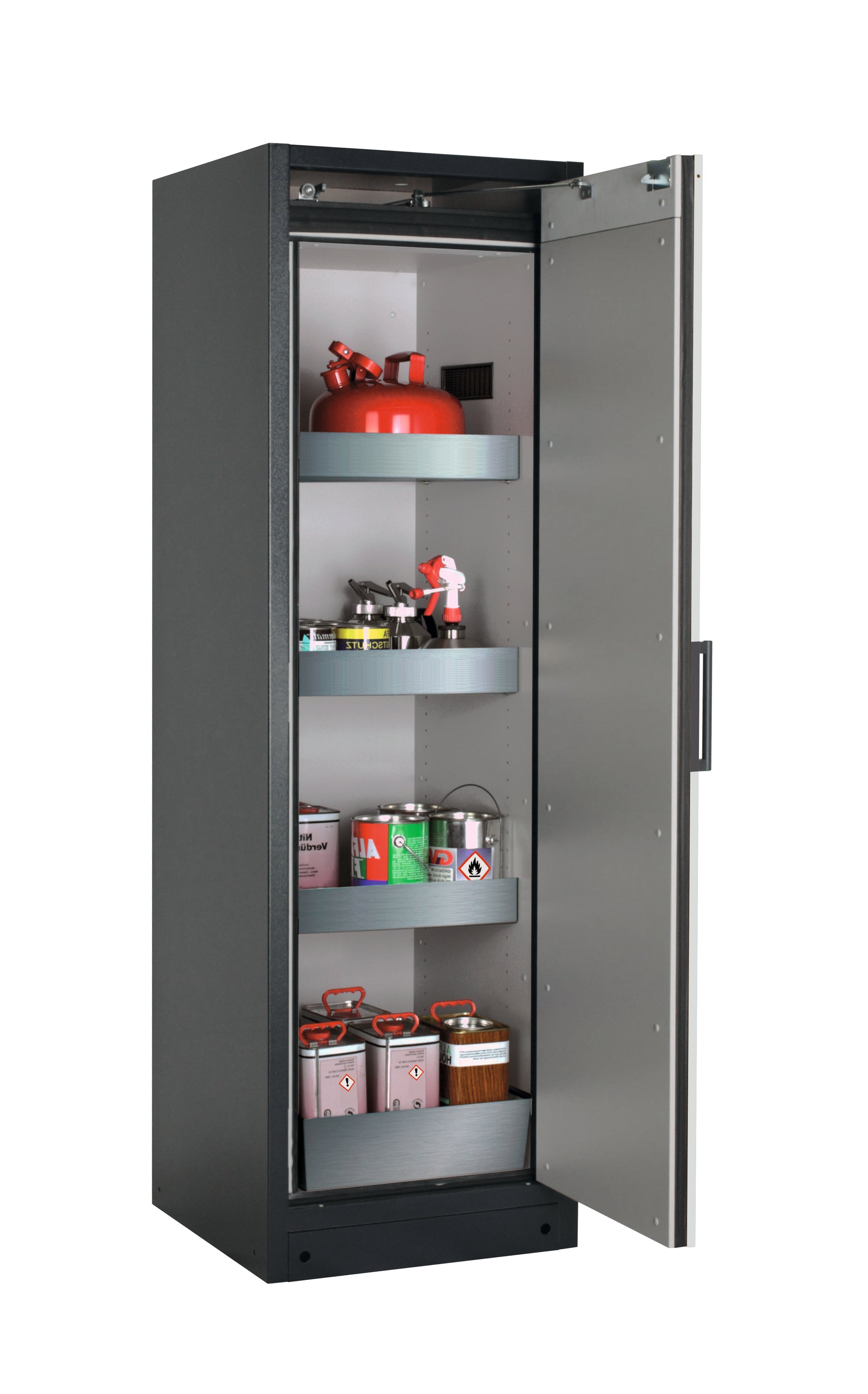 Type 90 safety storage cabinet Q-CLASSIC-90 model Q90.195.060.R in light grey RAL 7035 with 3x tray shelf (standard) (stainless steel 1.4301),