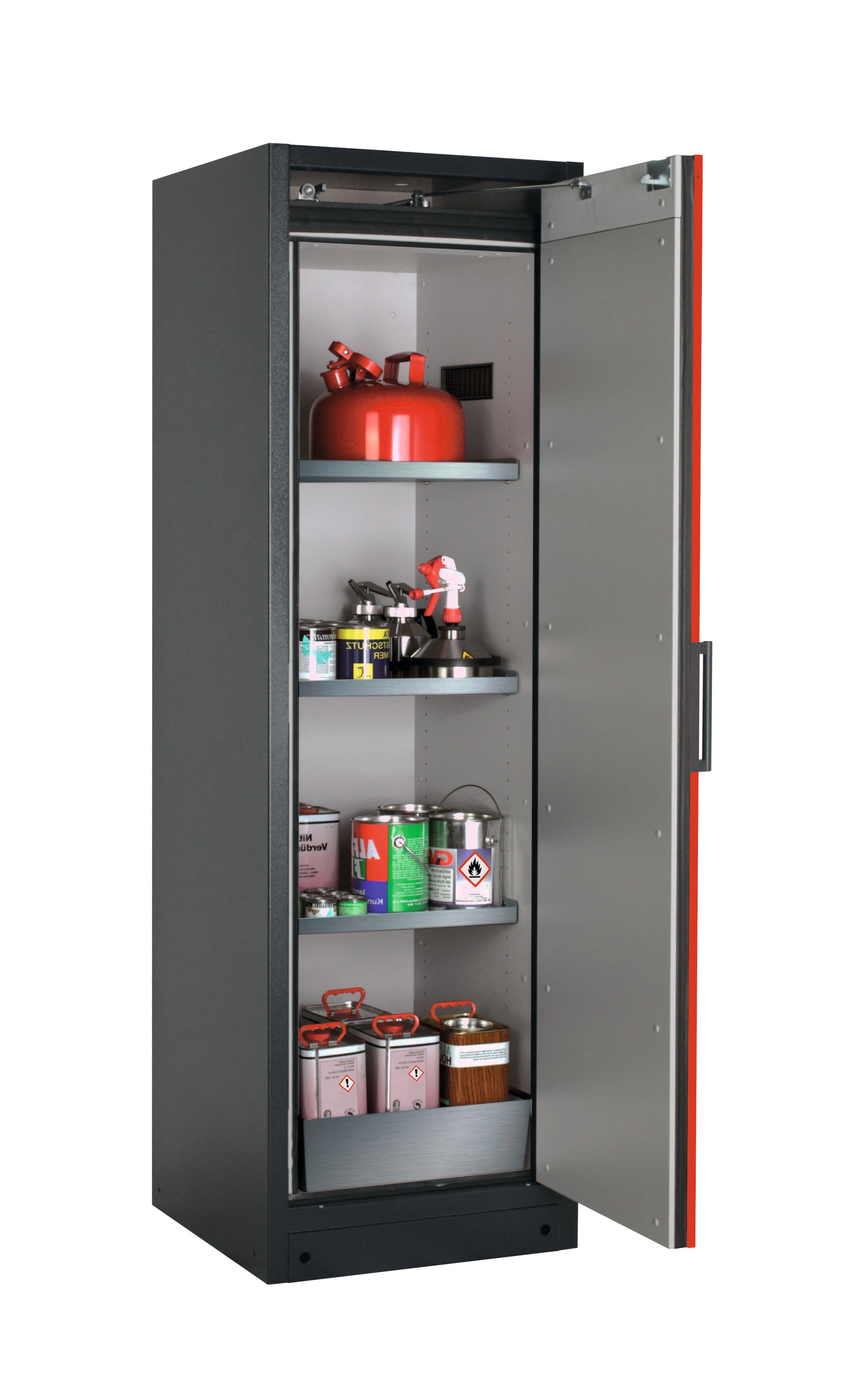 Type 90 safety storage cabinet Q-CLASSIC-90 model Q90.195.060.R in traffic red RAL 3020 with 3x shelf standard (stainless steel 1.4301),