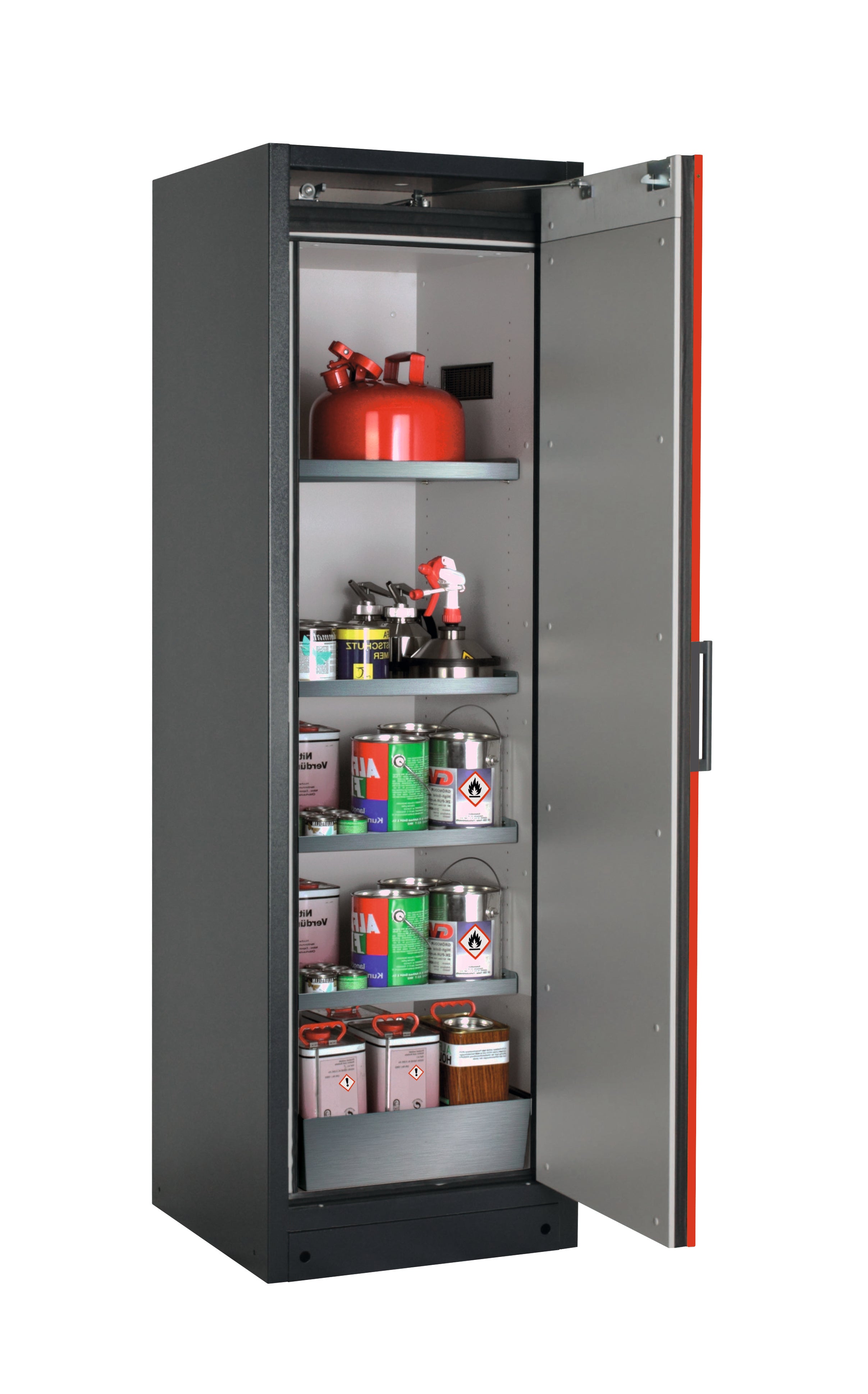 Type 90 safety storage cabinet Q-PEGASUS-90 model Q90.195.060.WDACR in traffic red RAL 3020 with 4x shelf standard (stainless steel 1.4301),