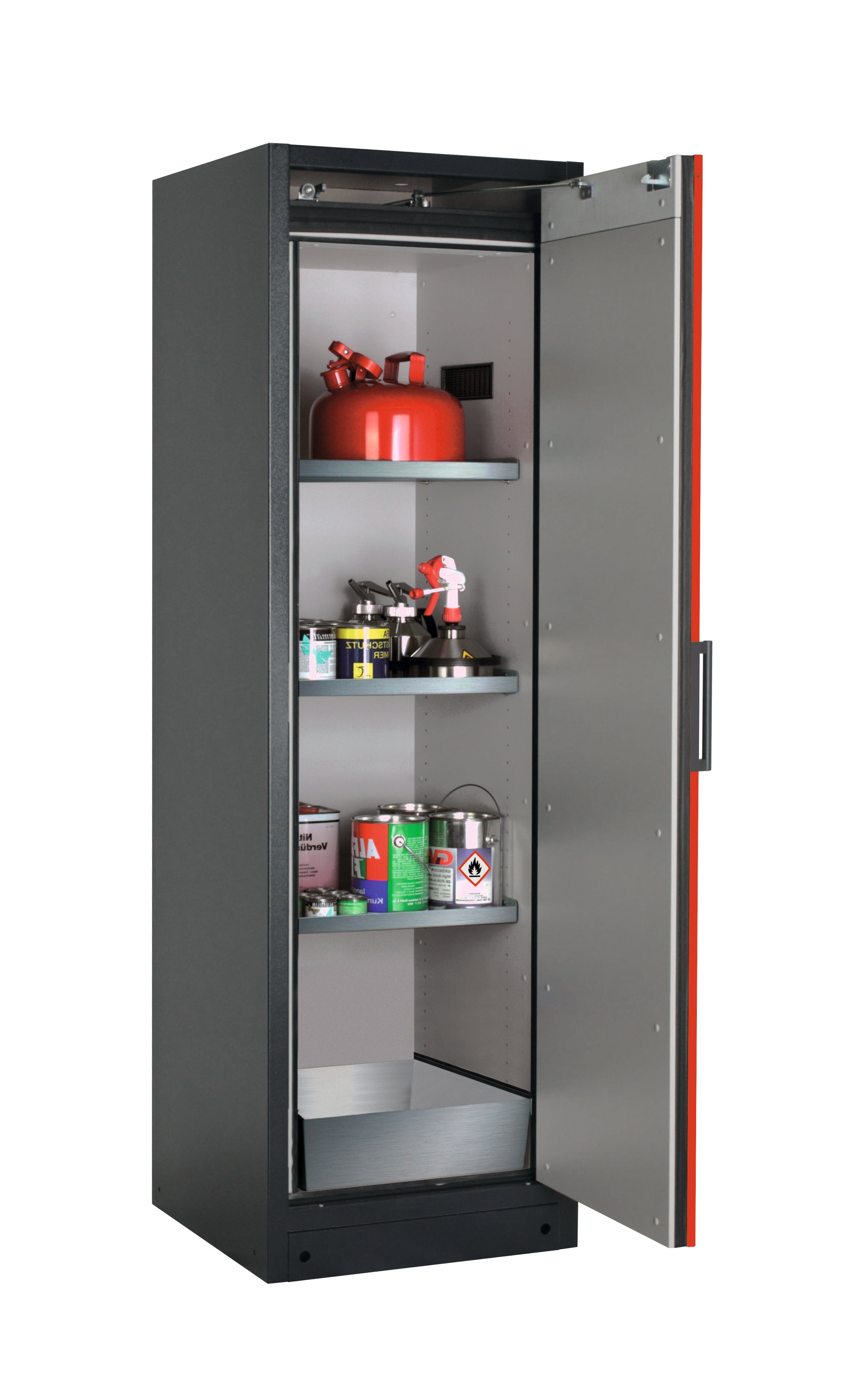 Type 90 safety storage cabinet Q-PEGASUS-90 model Q90.195.060.WDACR in traffic red RAL 3020 with 3x shelf standard (stainless steel 1.4301),
