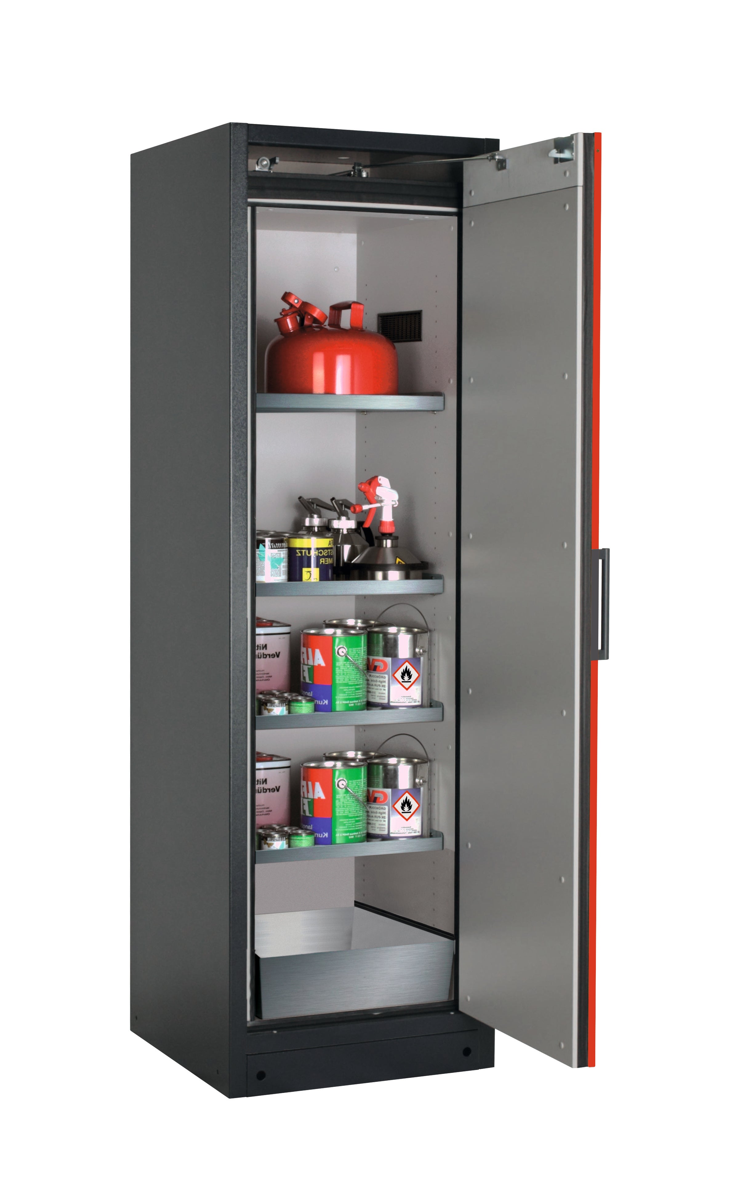 Type 90 safety storage cabinet Q-CLASSIC-90 model Q90.195.060.R in traffic red RAL 3020 with 4x shelf standard (stainless steel 1.4301),