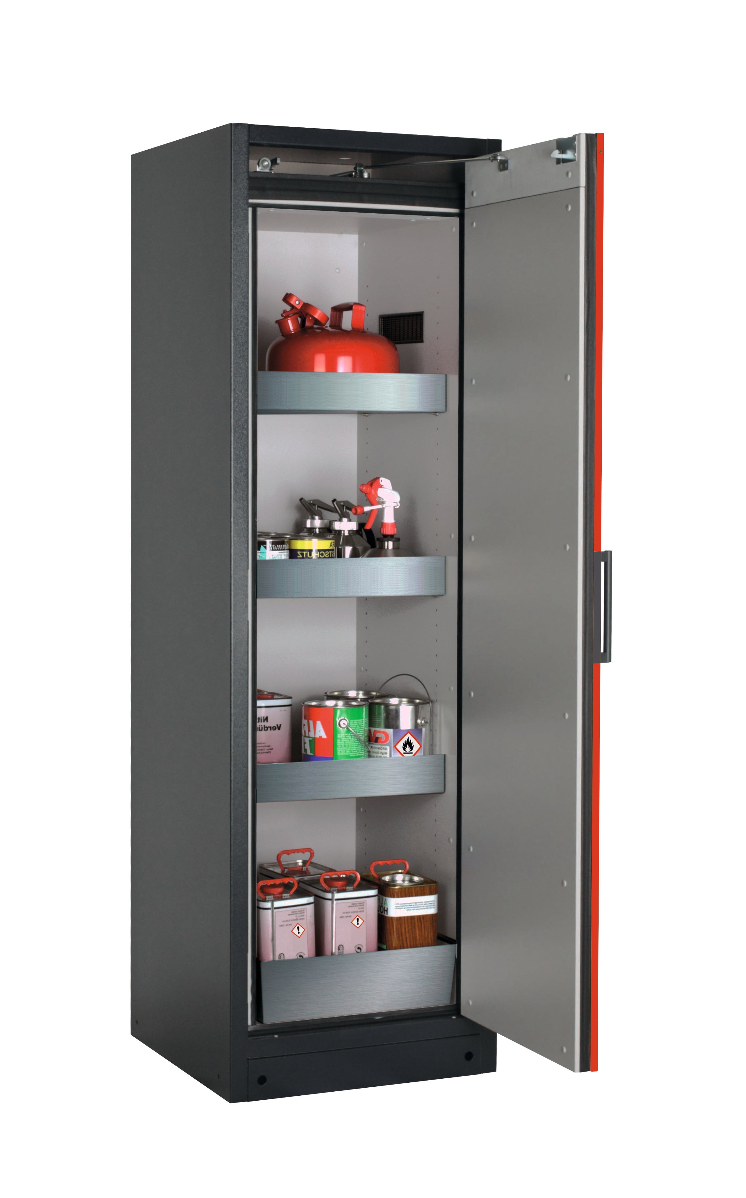 Type 90 safety storage cabinet Q-PEGASUS-90 model Q90.195.060.WDACR in traffic red RAL 3020 with 3x tray shelf (standard) (stainless steel 1.4301),