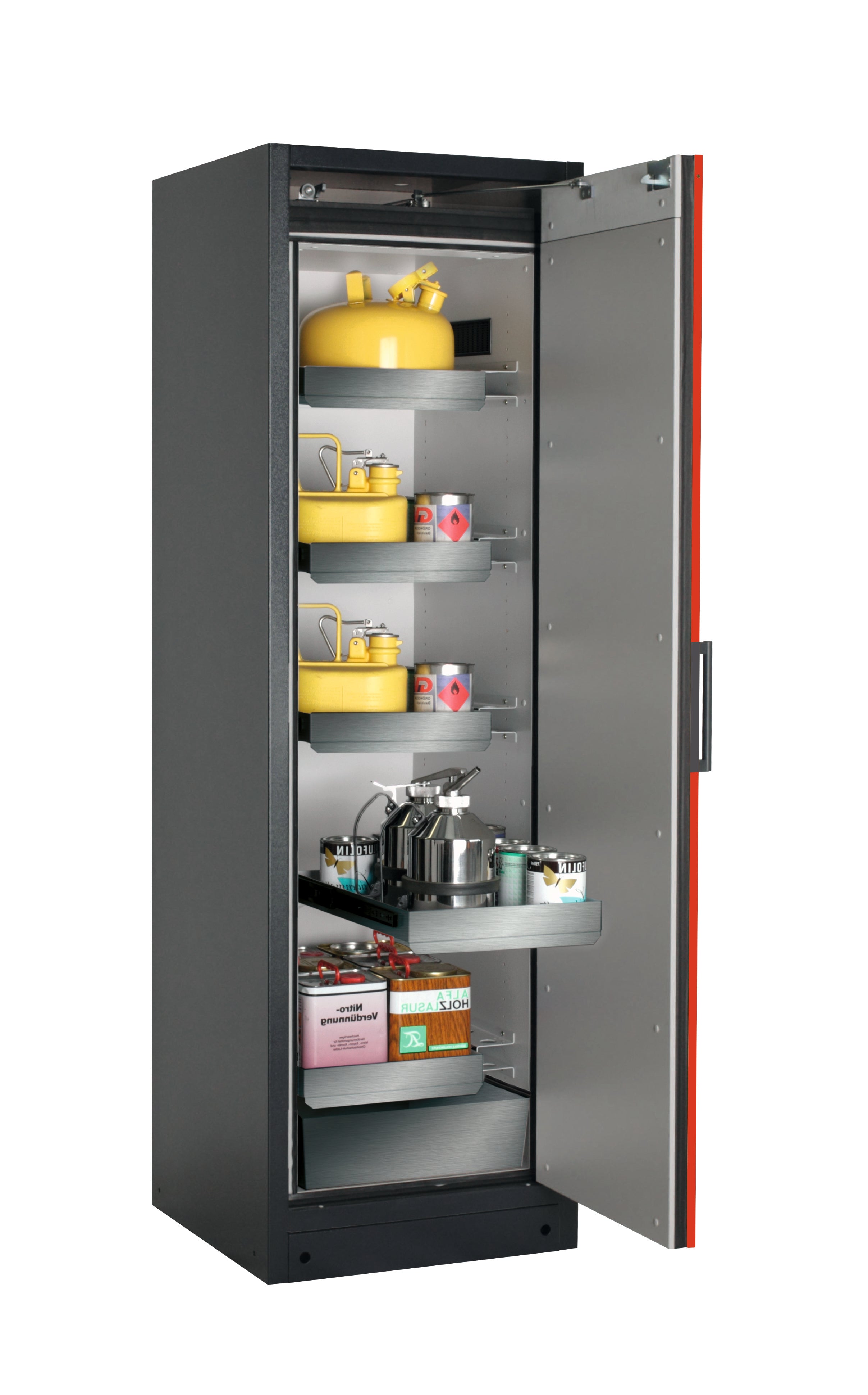 Type 90 safety storage cabinet Q-CLASSIC-90 model Q90.195.060.R in traffic red RAL 3020 with 4x drawer (standard) (stainless steel 1.4301),