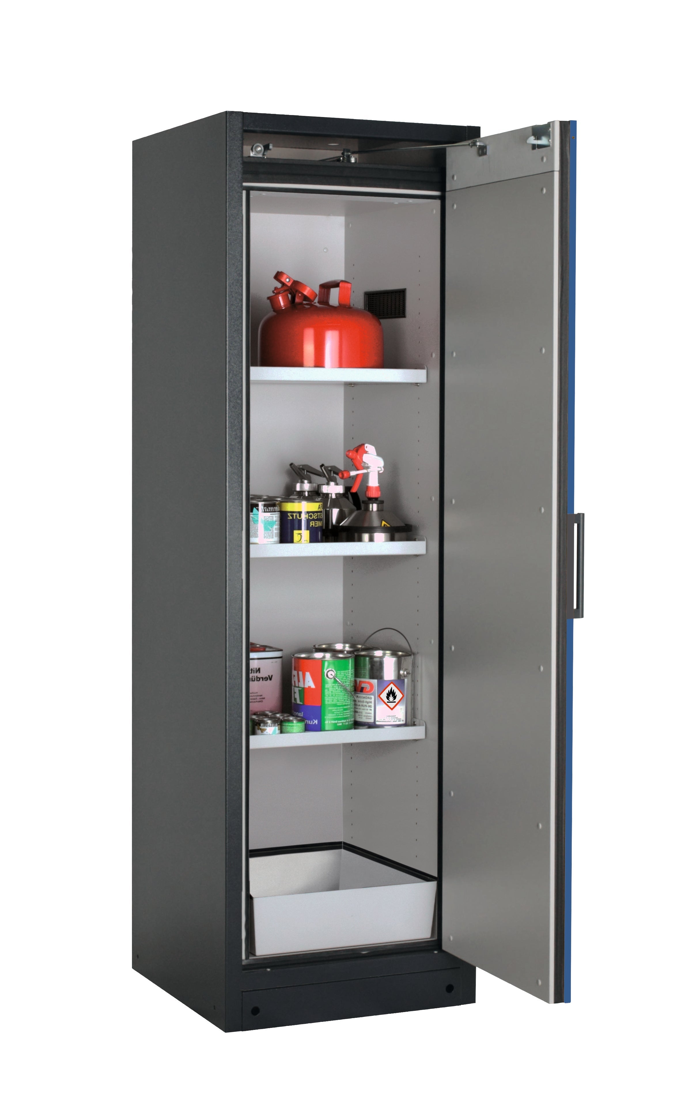Type 90 safety storage cabinet Q-CLASSIC-90 model Q90.195.060.R in gentian blue RAL 5010 with 3x shelf standard (sheet steel),