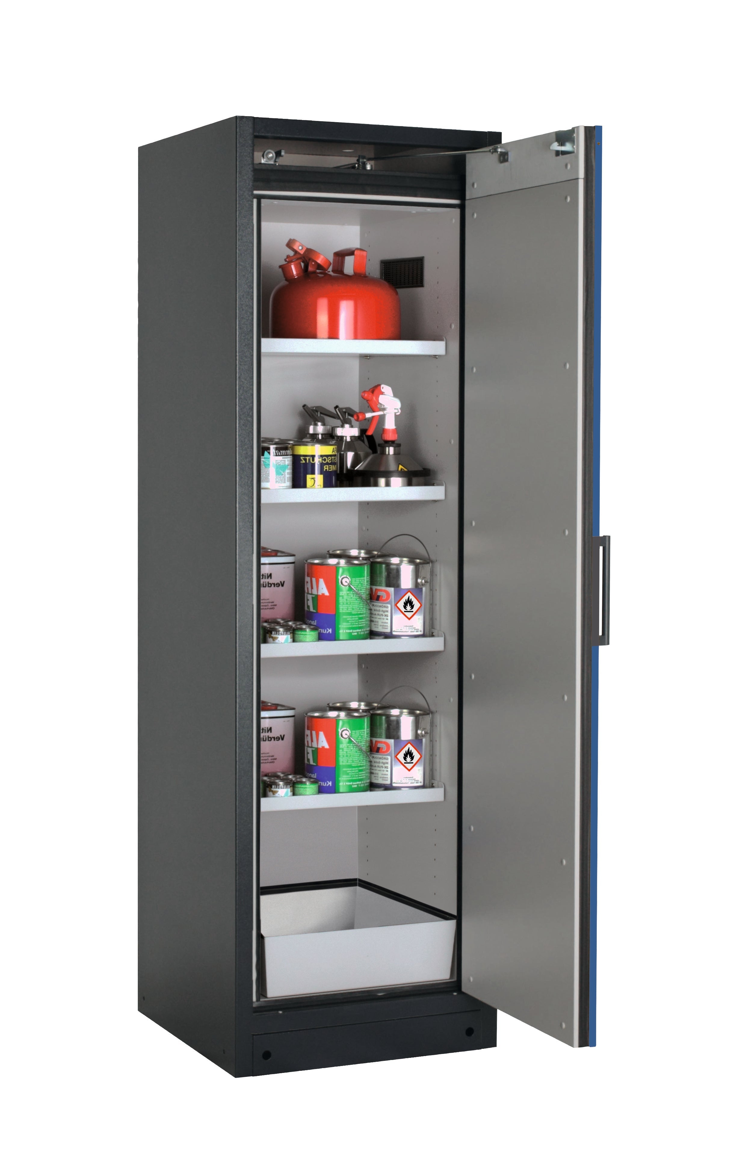 Type 90 safety storage cabinet Q-CLASSIC-90 model Q90.195.060.R in gentian blue RAL 5010 with 4x shelf standard (sheet steel),