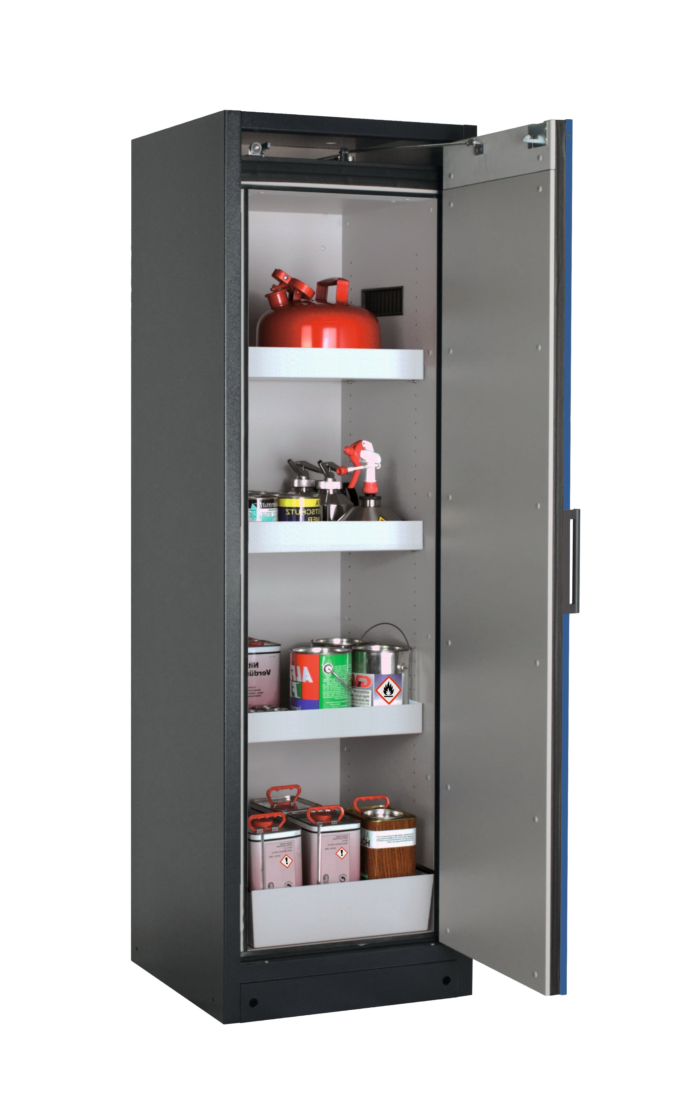 Type 90 safety storage cabinet Q-CLASSIC-90 model Q90.195.060.R in gentian blue RAL 5010 with 3x tray shelf (standard) (sheet steel),