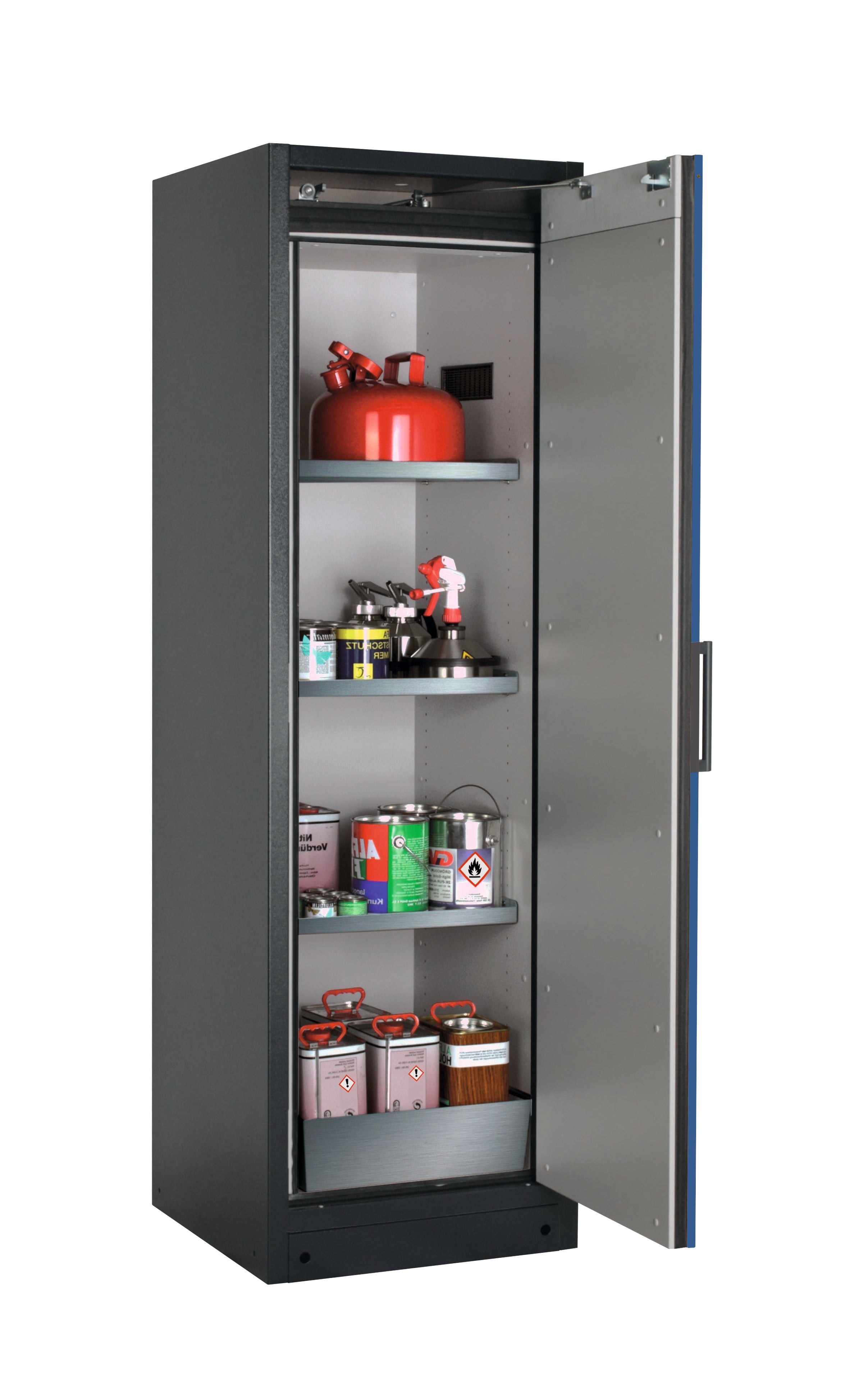 Type 90 safety storage cabinet Q-PEGASUS-90 model Q90.195.060.WDACR in gentian blue RAL 5010 with 3x shelf standard (stainless steel 1.4301),
