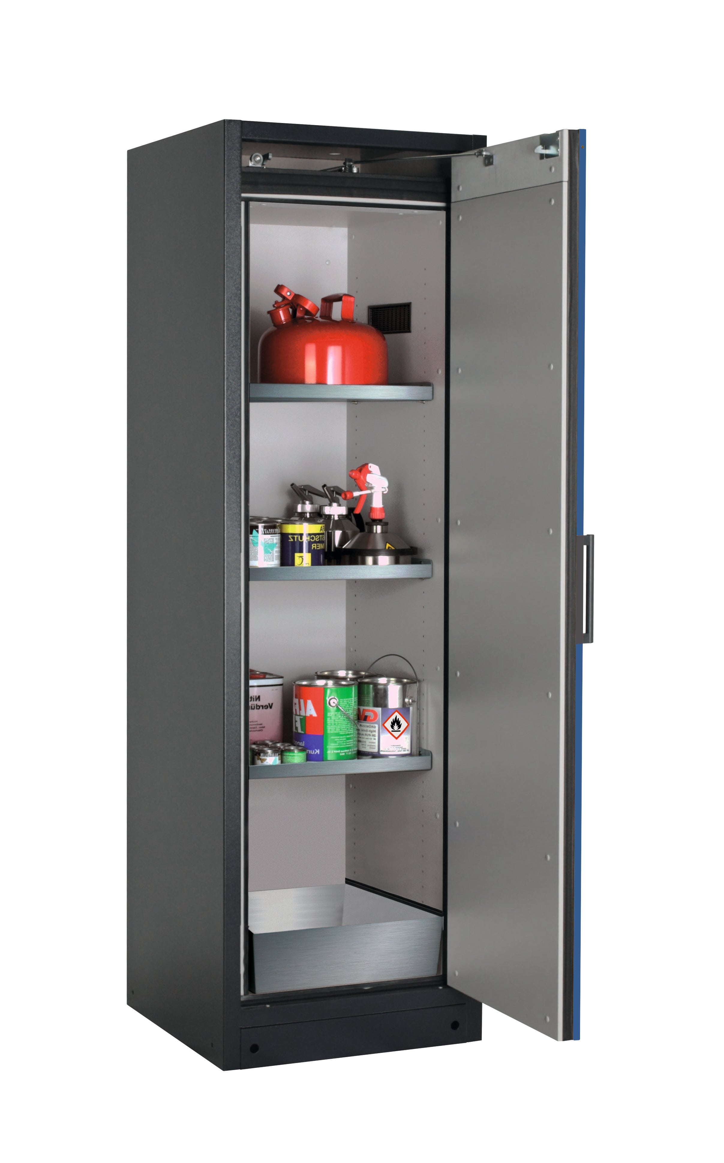 Type 90 safety storage cabinet Q-CLASSIC-90 model Q90.195.060.R in gentian blue RAL 5010 with 3x shelf standard (stainless steel 1.4301),