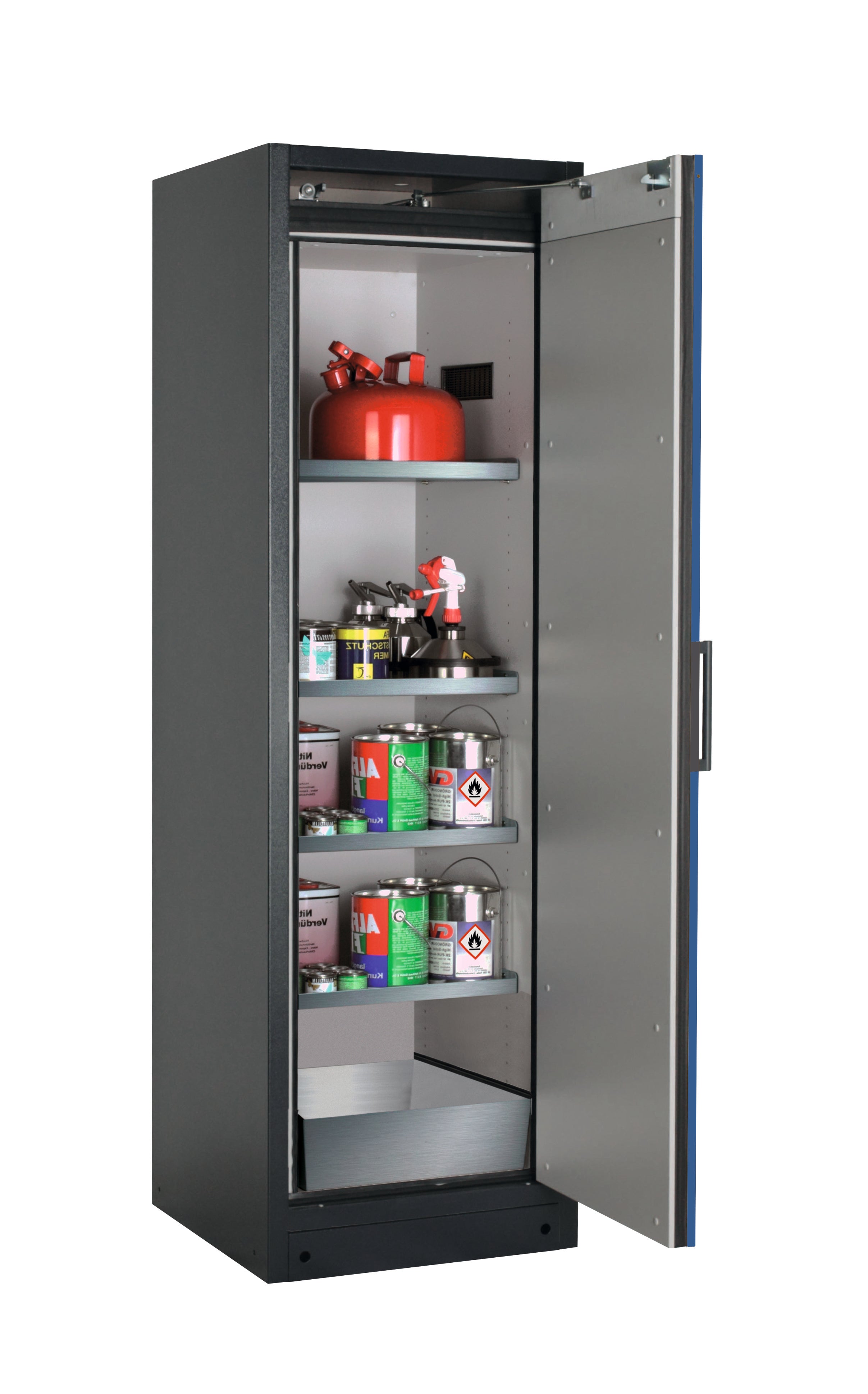 Type 90 safety storage cabinet Q-CLASSIC-90 model Q90.195.060.R in gentian blue RAL 5010 with 4x shelf standard (stainless steel 1.4301),