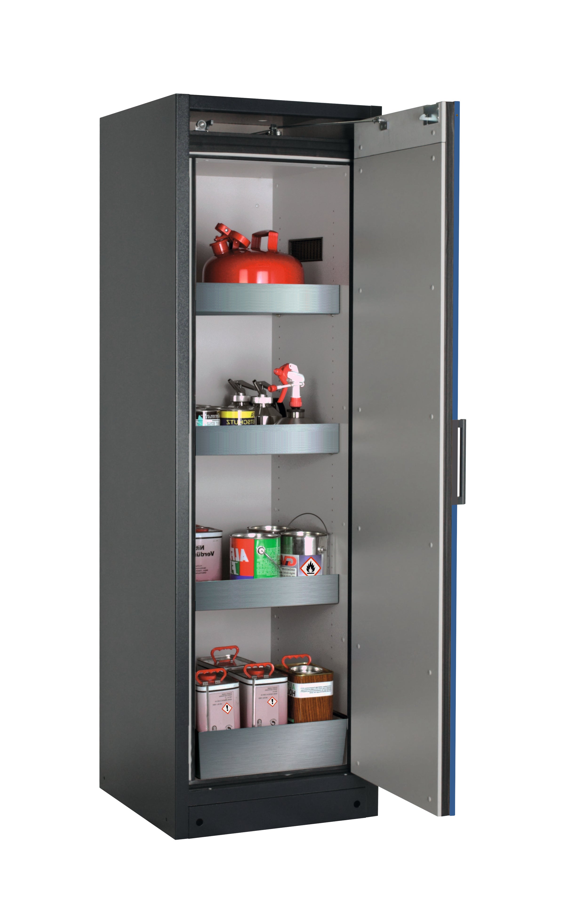 Type 90 safety storage cabinet Q-CLASSIC-90 model Q90.195.060.R in gentian blue RAL 5010 with 3x tray shelf (standard) (stainless steel 1.4301),