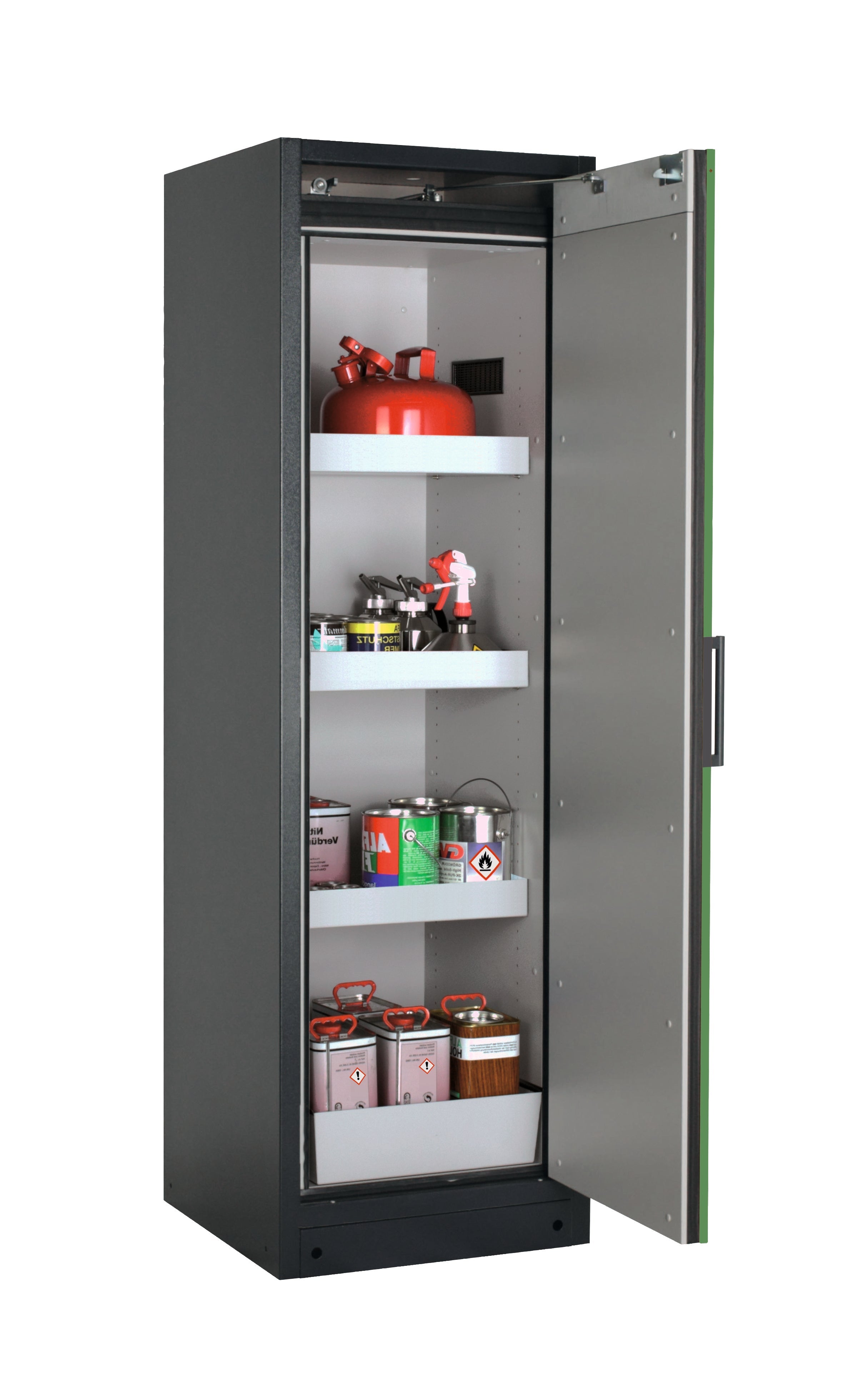 Type 90 safety storage cabinet Q-CLASSIC-90 model Q90.195.060.R in reseda green RAL 6011 with 3x tray shelf (standard) (sheet steel),