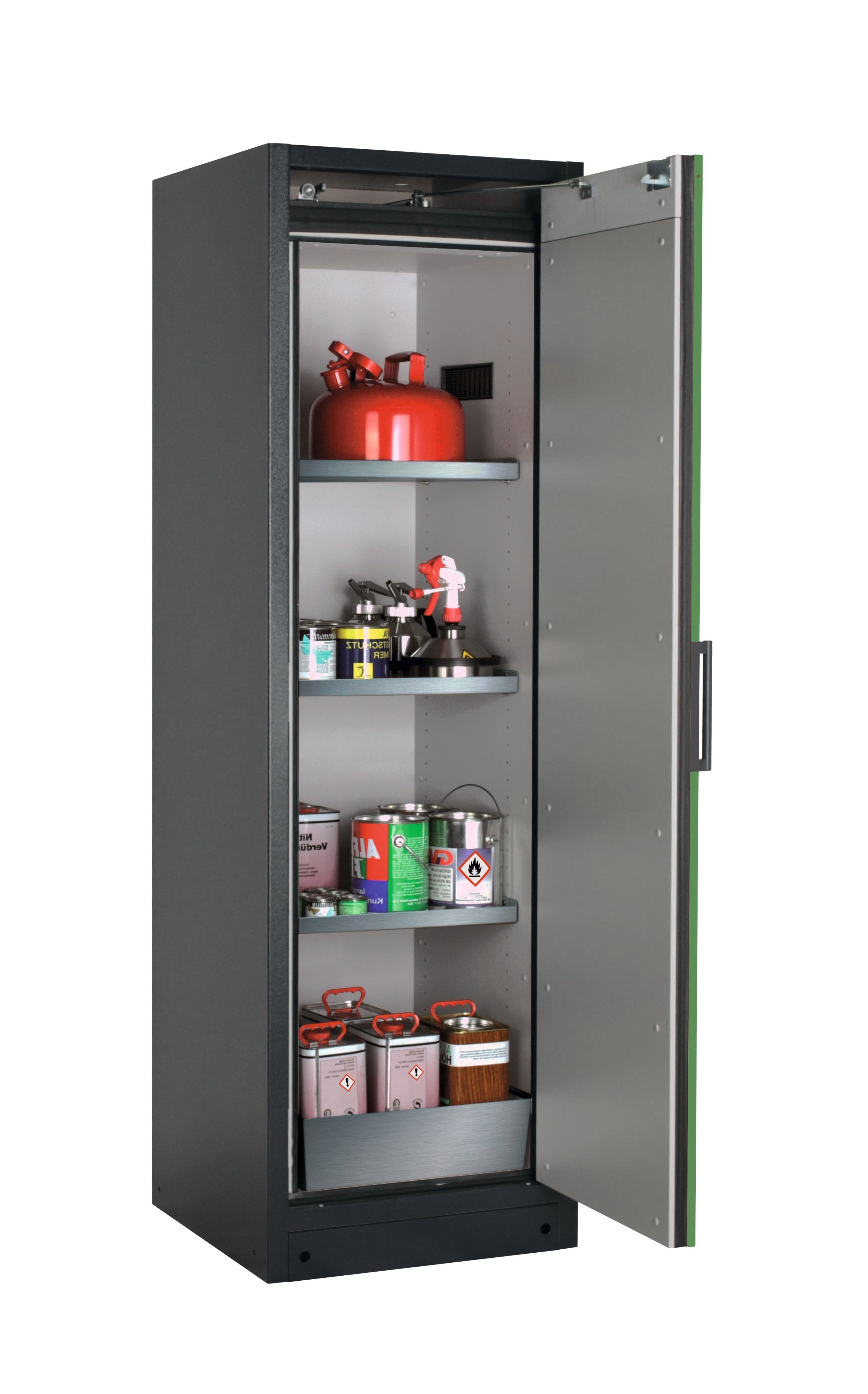Type 90 safety storage cabinet Q-CLASSIC-90 model Q90.195.060.R in reseda green RAL 6011 with 3x shelf standard (stainless steel 1.4301),