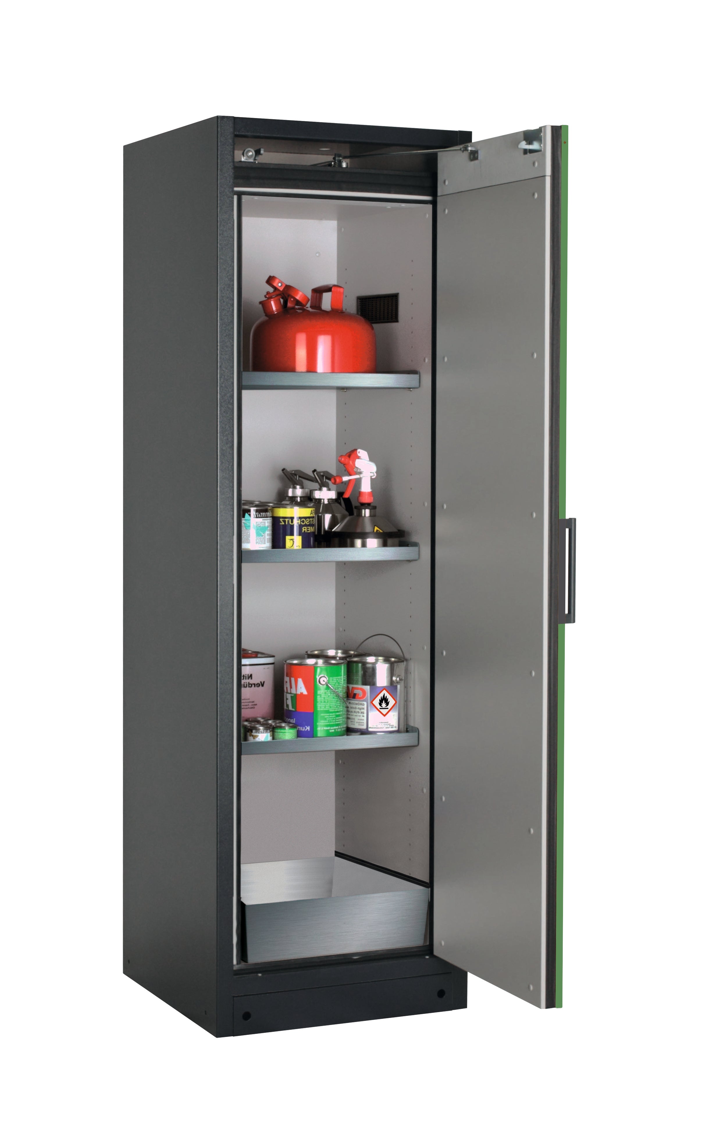 Type 90 safety storage cabinet Q-CLASSIC-90 model Q90.195.060.R in reseda green RAL 6011 with 3x shelf standard (stainless steel 1.4301),