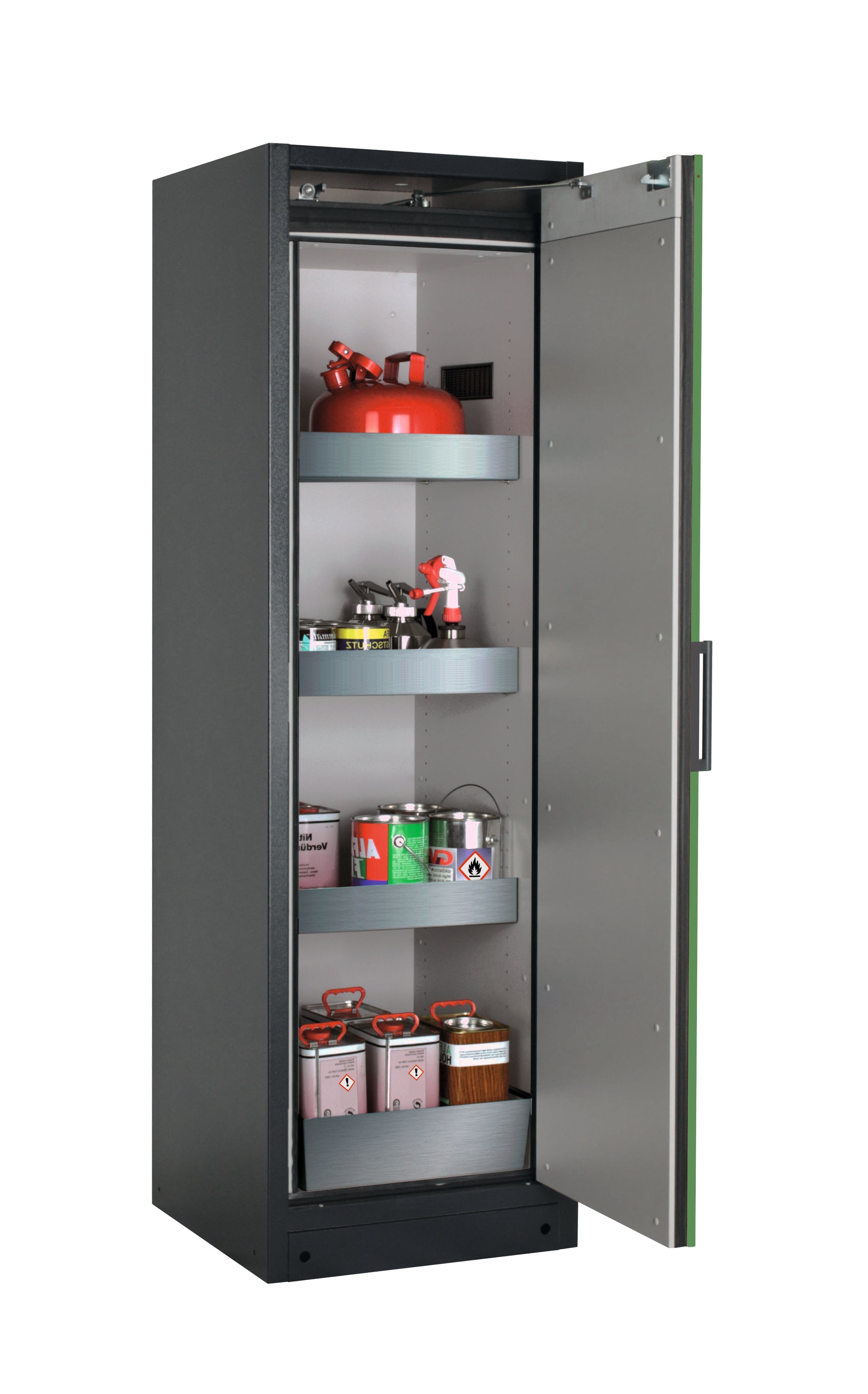 Type 90 safety storage cabinet Q-CLASSIC-90 model Q90.195.060.R in reseda green RAL 6011 with 3x tray shelf (standard) (stainless steel 1.4301),
