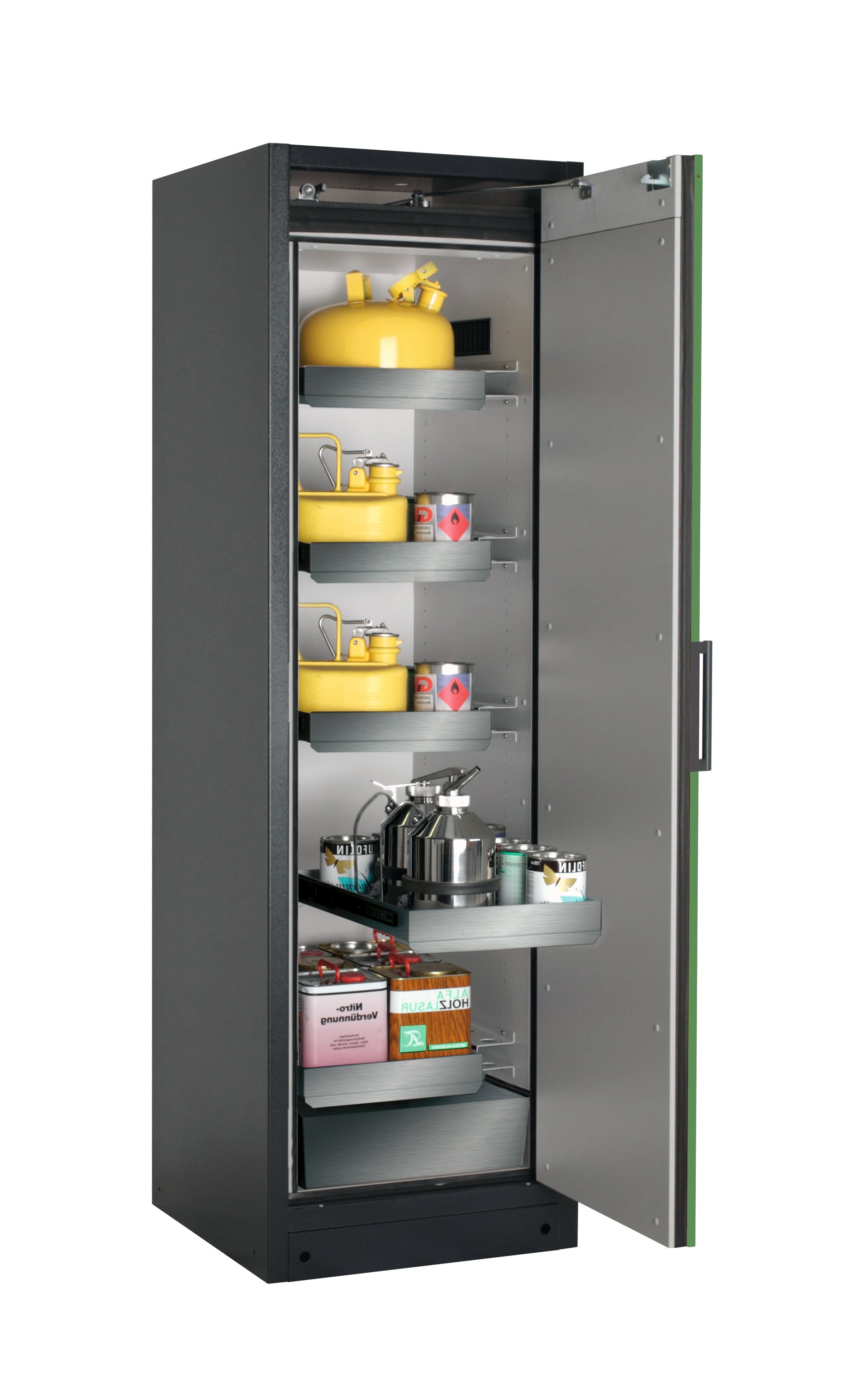Type 90 safety storage cabinet Q-CLASSIC-90 model Q90.195.060.R in reseda green RAL 6011 with 4x drawer (standard) (stainless steel 1.4301),