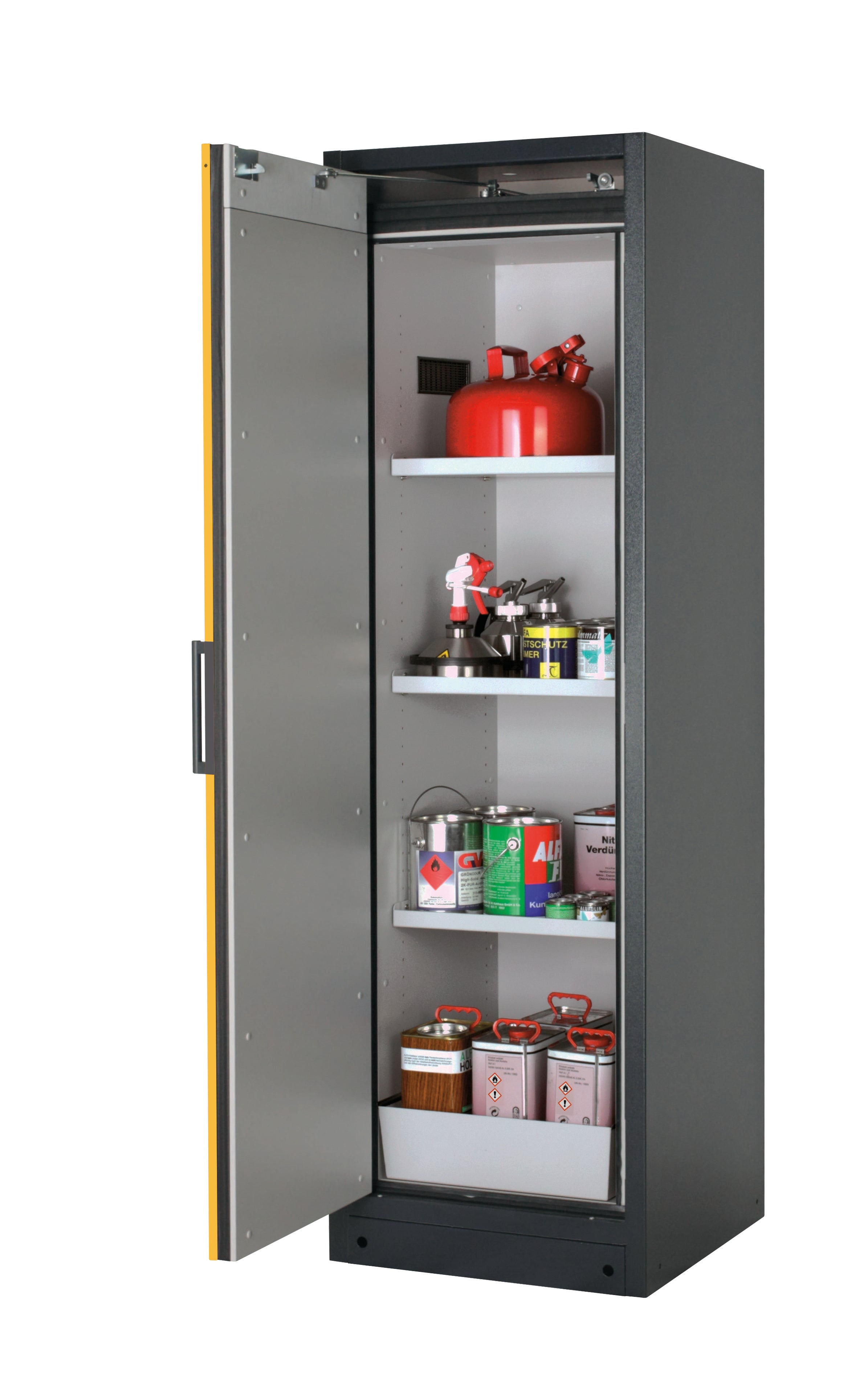 Type 90 safety storage cabinet Q-PEGASUS-90 model Q90.195.060.WDAC in warning yellow RAL 1004 with 3x shelf standard (sheet steel),